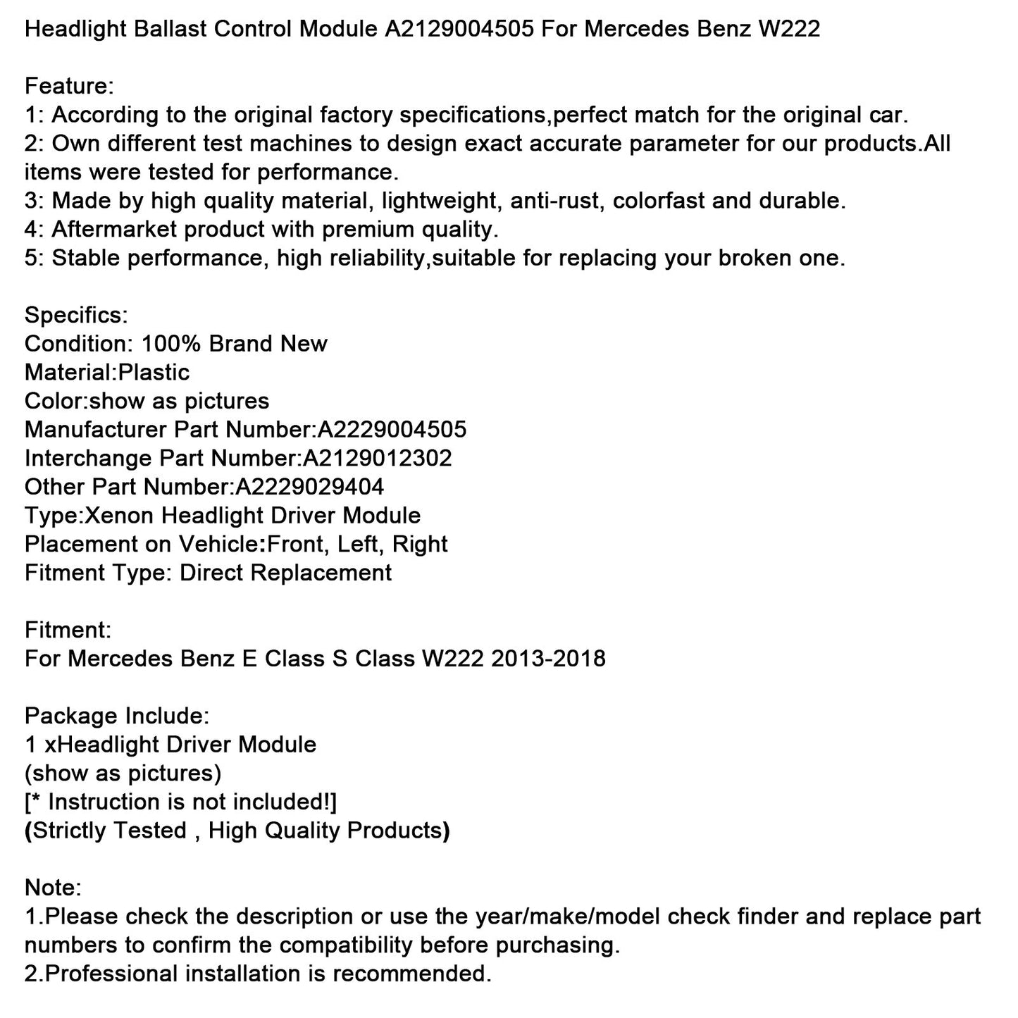 Modulo di controllo della zavorra dei fari Mercedes Benz Classe E Classe S W222 2013-2018 A2129004505