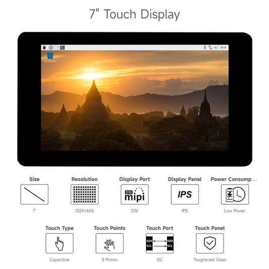 Raspberry Pi 7 pollici IPS capacitivo touch screen a 5 punti 1024×600 pixel Pi5/4B