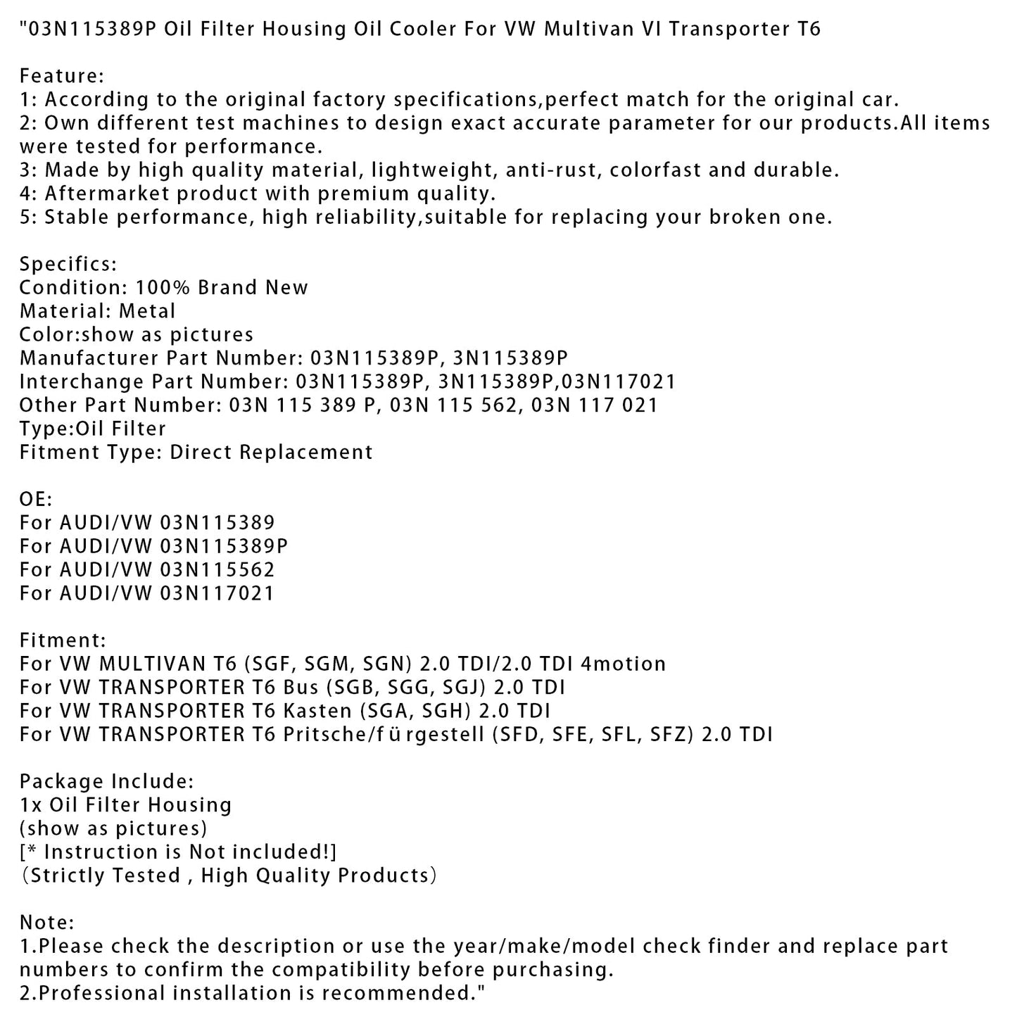 03N115389P Alloggiamento filtro olio Radiatore olio per VW Multivan VI Transporter T6