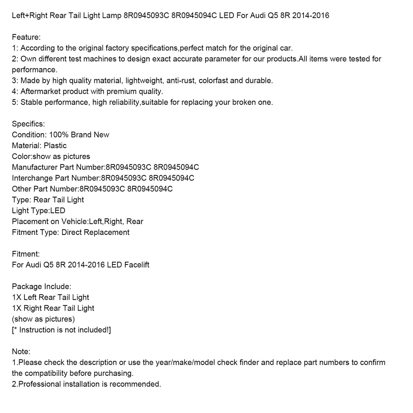 2014-2016 Audi Q5 8R L+R Coppia fanale posteriore LED 8R0945094C/93C