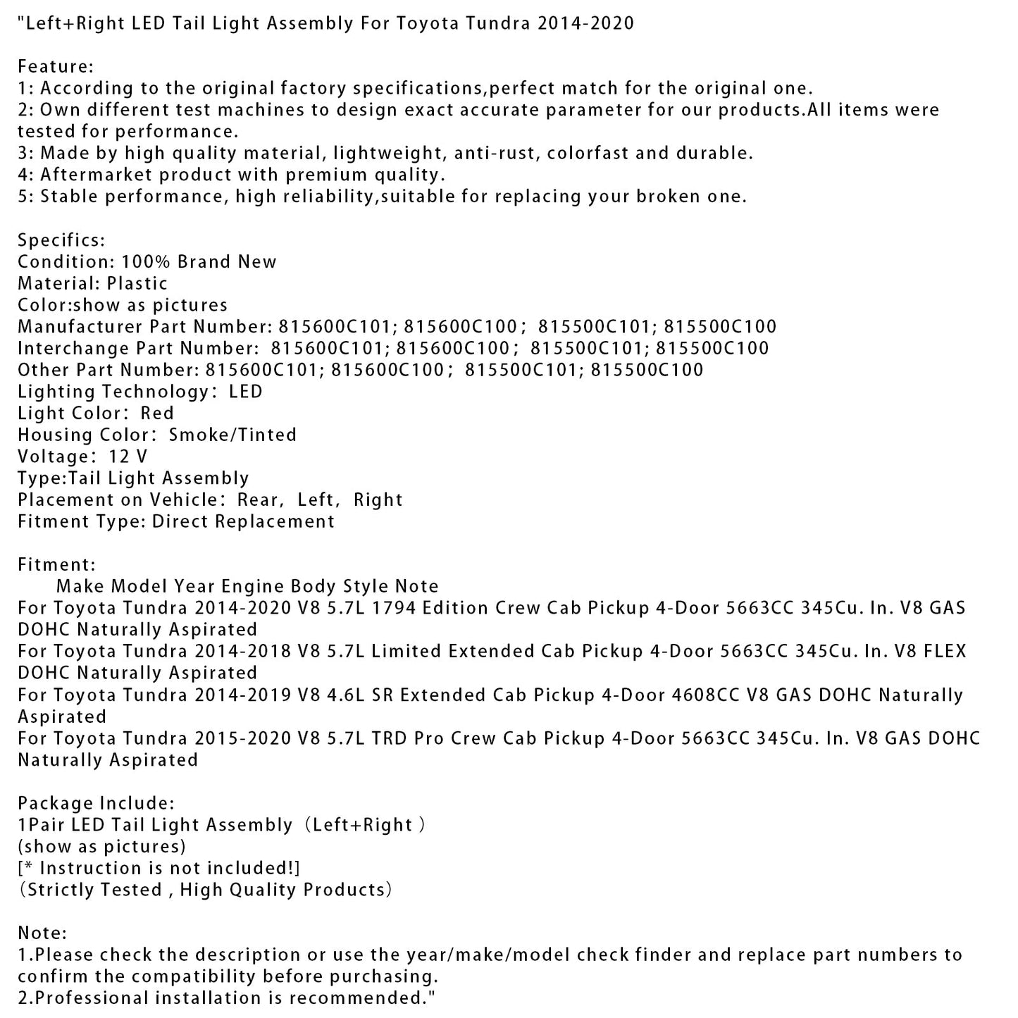 Gruppo ottico posteriore a LED sinistro e destro per Toyota Tundra 2014-2020 815600C101 815600C100