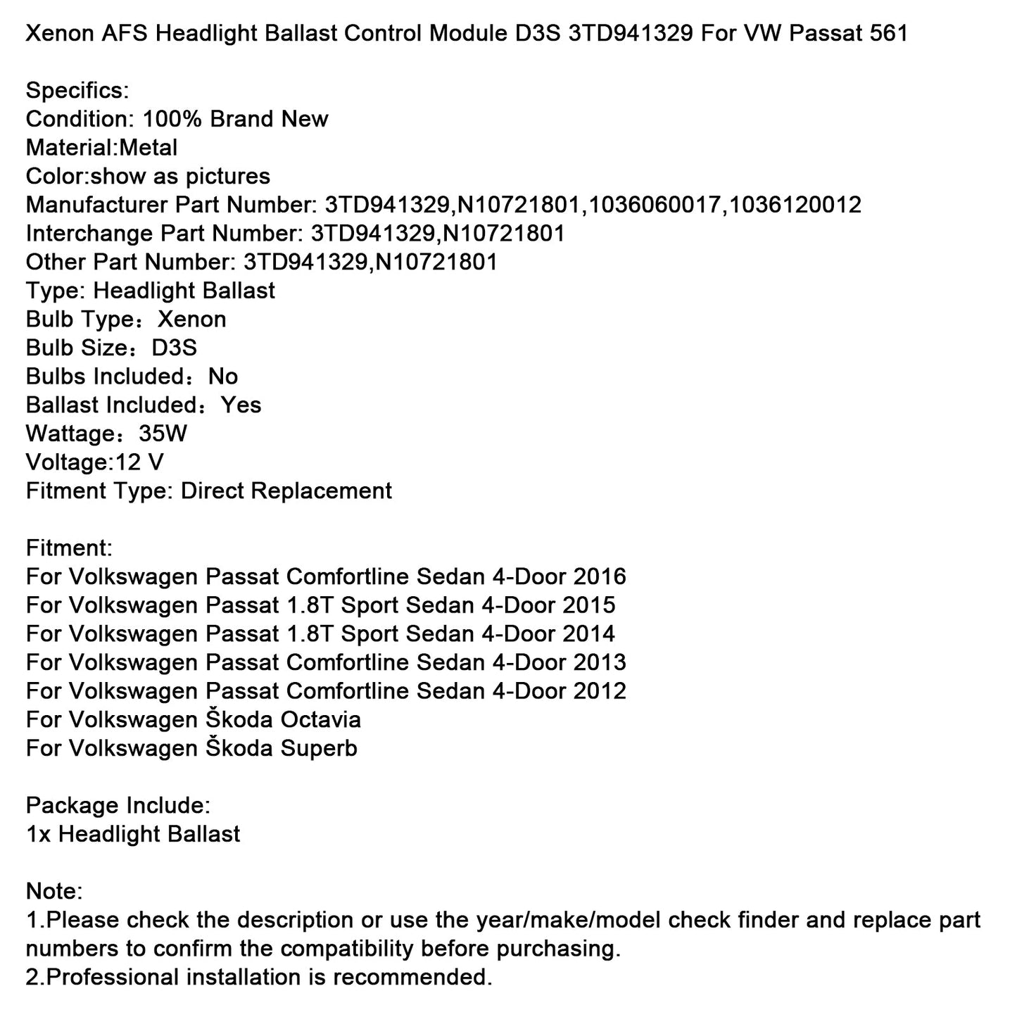 Modulo di controllo fari allo xeno AFS D3S 3TD941329 per VW Passat 561