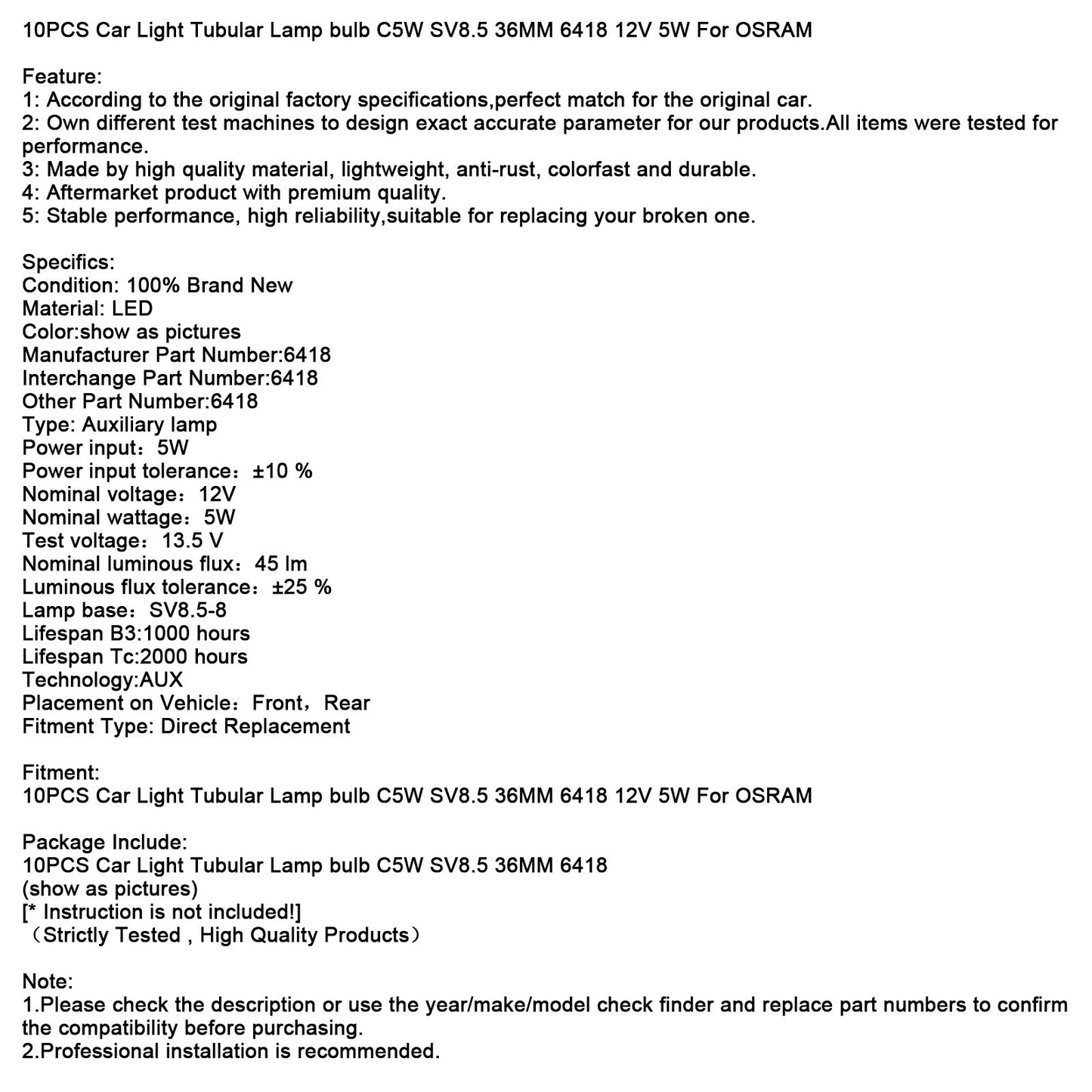 Lampadina tubolare per auto, 10 pezzi, C5W SV8.5 36 mm, 6418, 12 V, 5 W, per OSRAM
