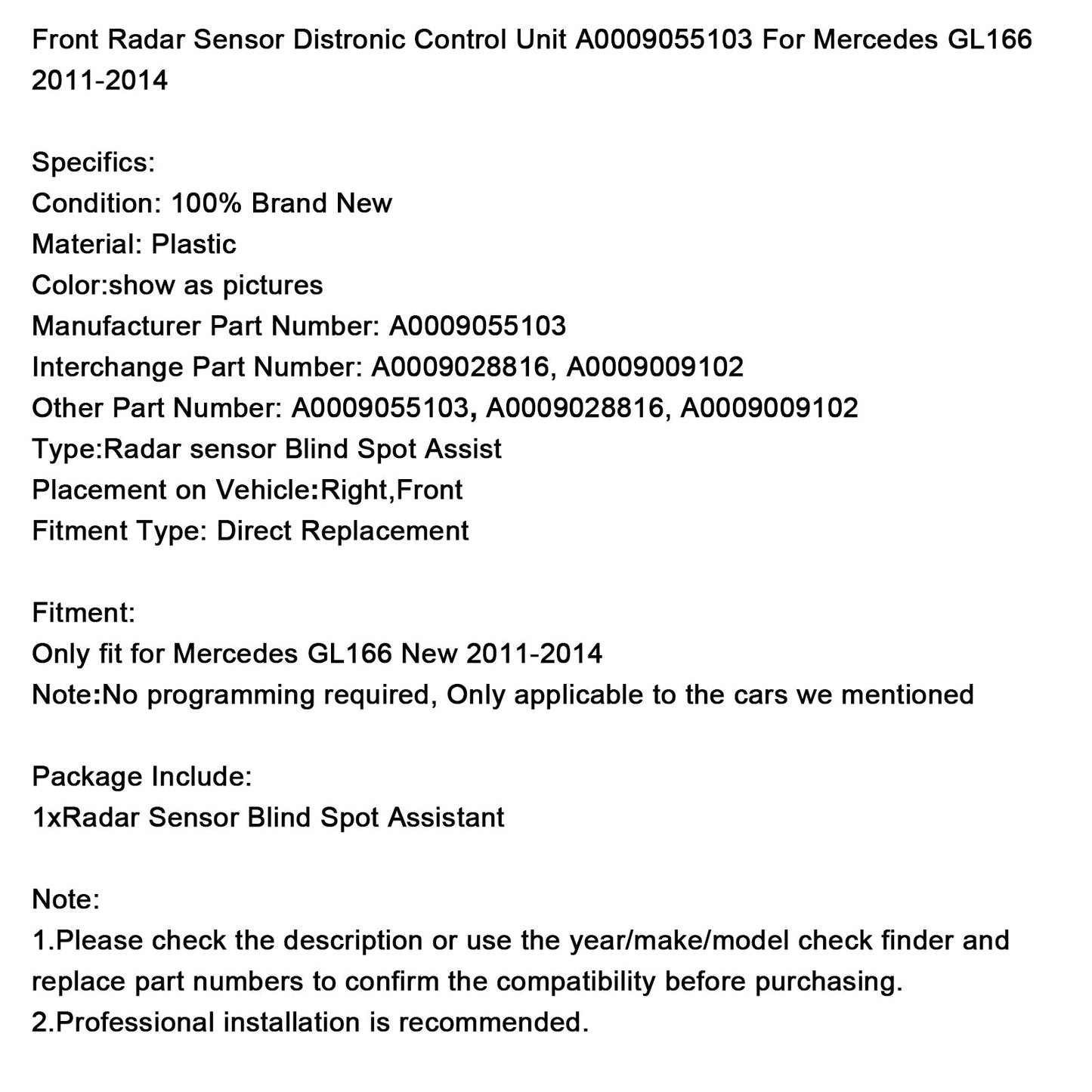 Unità di controllo del sensore radar anteriore Mercedes GL166 2011-2014 A0009055103 A0009028816 A0009009102