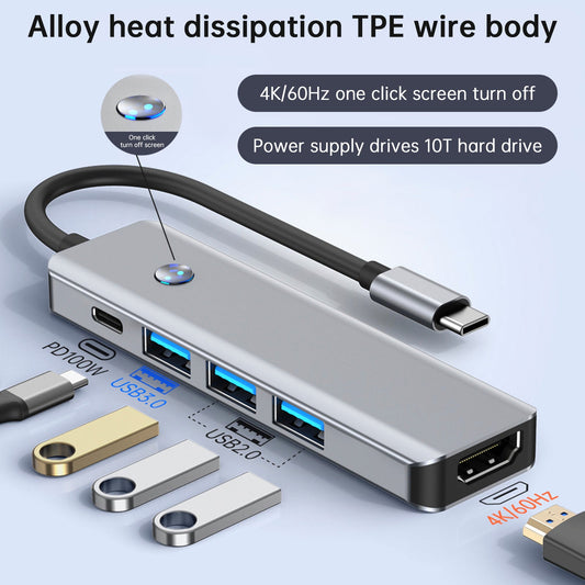 Adattatore hub con interfaccia 5 in 1 TYPE-C+USB3.0*1+USB2.0*2+HDMI+PD100W per MacBook