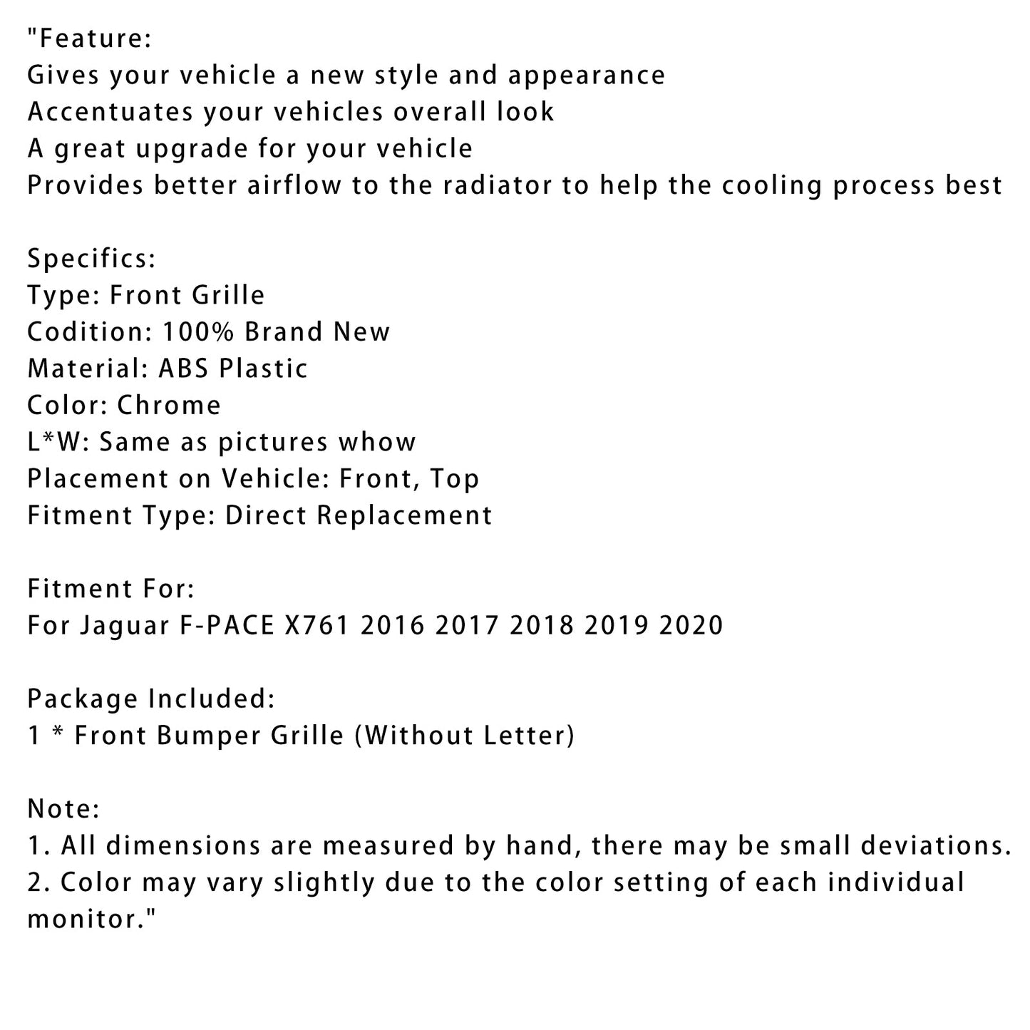 Griglia paraurti anteriore cromata adatta per JAGUAR F-PACE X761 2016-2020