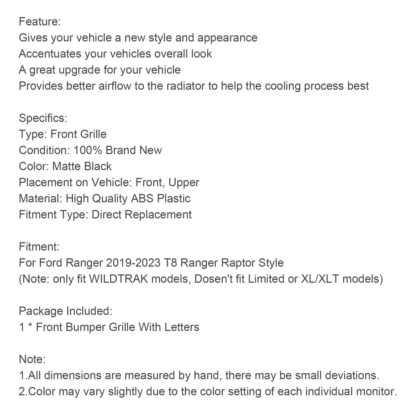 2019-2023 Ford Ranger T8 Ranger Raptor Style Griglia del paraurti anteriore Matt Nero