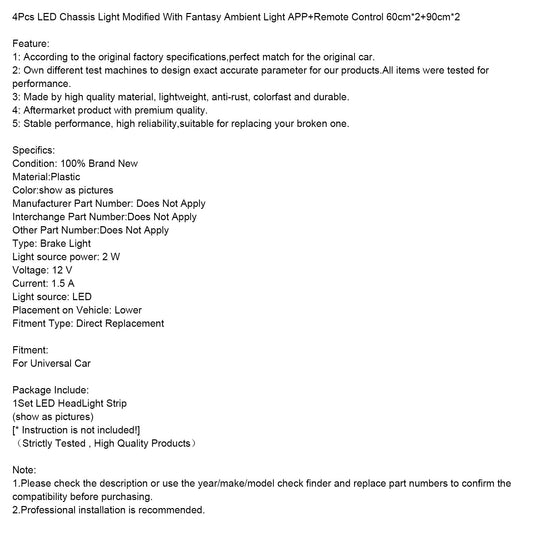 4 pezzi di luce LED per telaio modificata con luce ambientale fantasy APP + telecomando 60 cm * 2 + 90 cm * 2