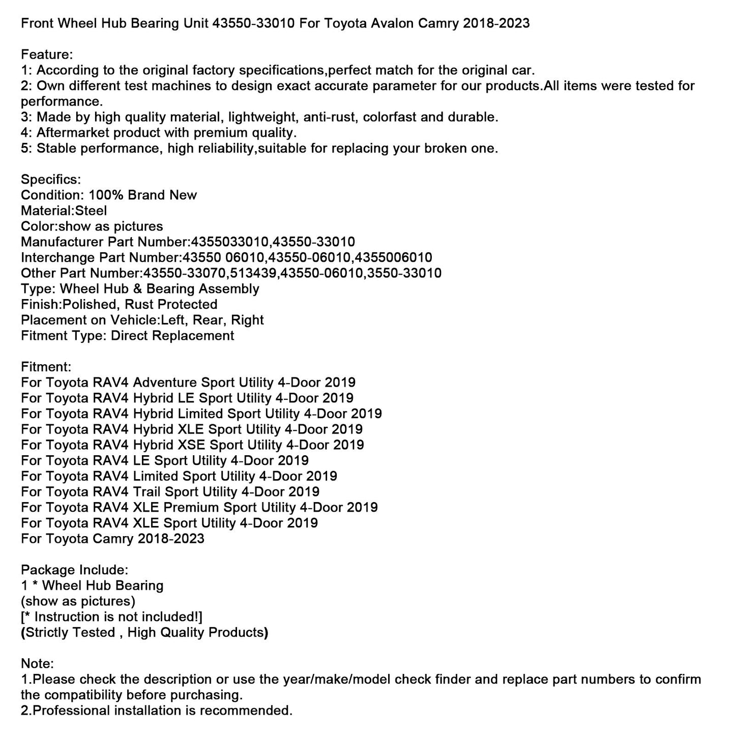 Unità cuscinetto mozzo ruota anteriore Toyota RAV4 Limited Sport Utility 4 porte 2019 43550-33010