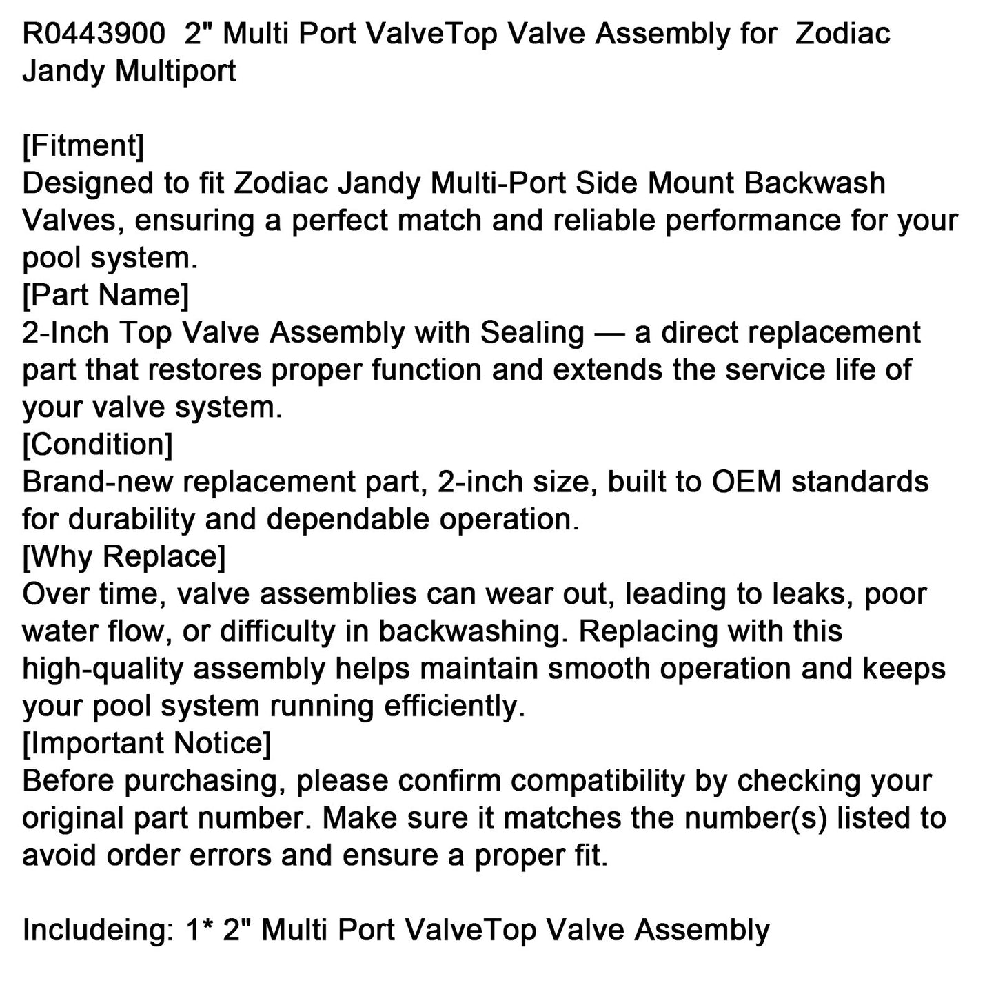R0443900 Gruppo valvola superiore da 2"" per sostituzione valvola multiporta Zodiac Jandy