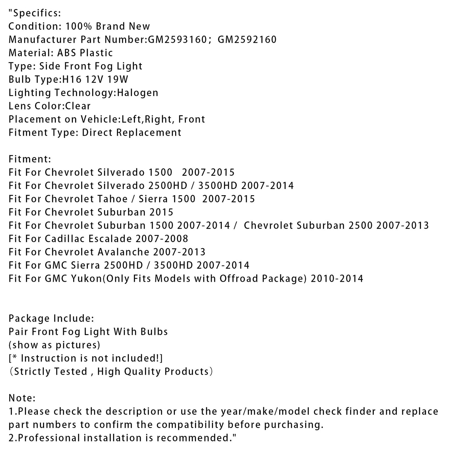 Coppia di fari fendinebbia anteriori con lampadine per Chevy Silverado 2007-2013, lenti trasparenti