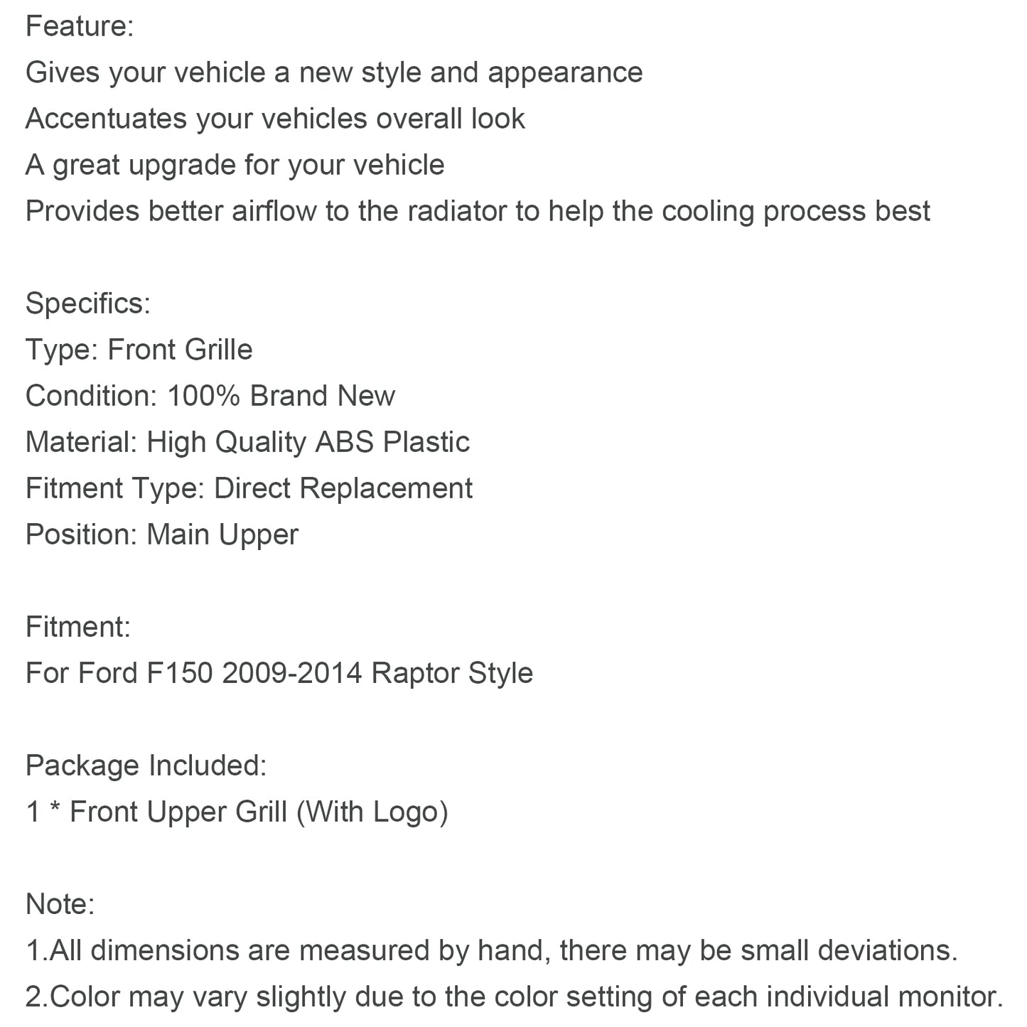 Grill per paraurti anteriore in stile Raptor con LED per Ford F150 2009-2014 Nero