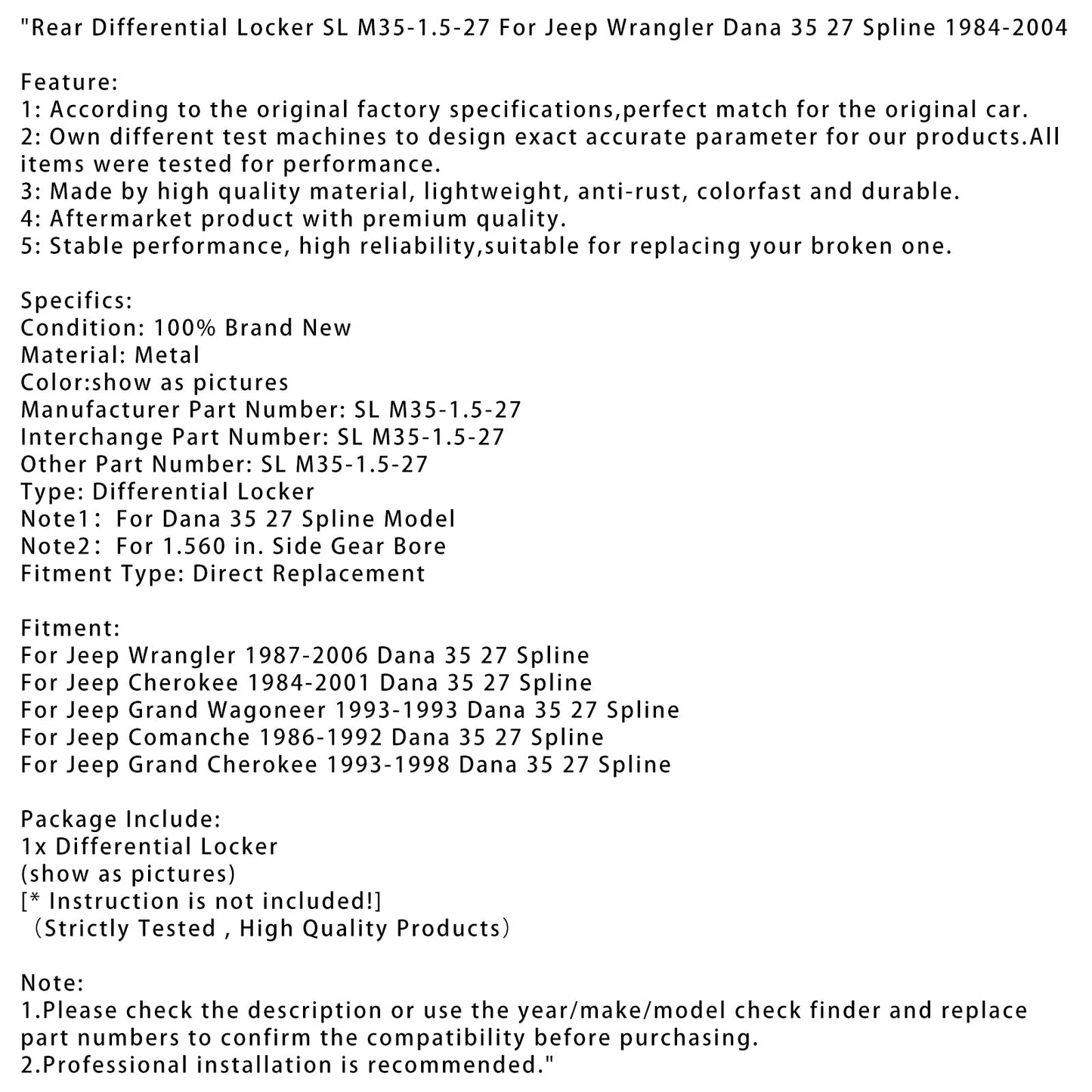 Bloccaggio differenziale posteriore SL M35-1.5-27 per Jeep Wrangler Dana 35 27 scanalature 84-04