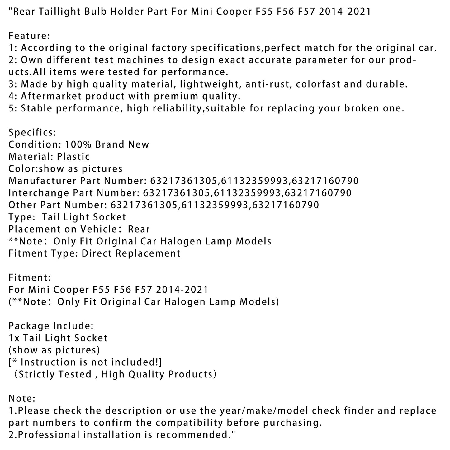 Supporto lampadina fanale posteriore Mini Cooper F55 F56 F57 2014-2021