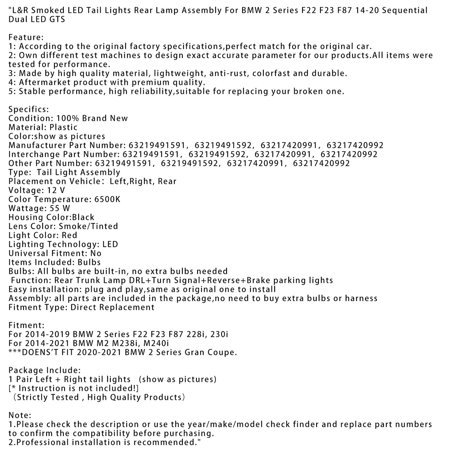 Gruppo ottico posteriore a LED fumé L&R per BMW 2 F22 F23 F87 14-20