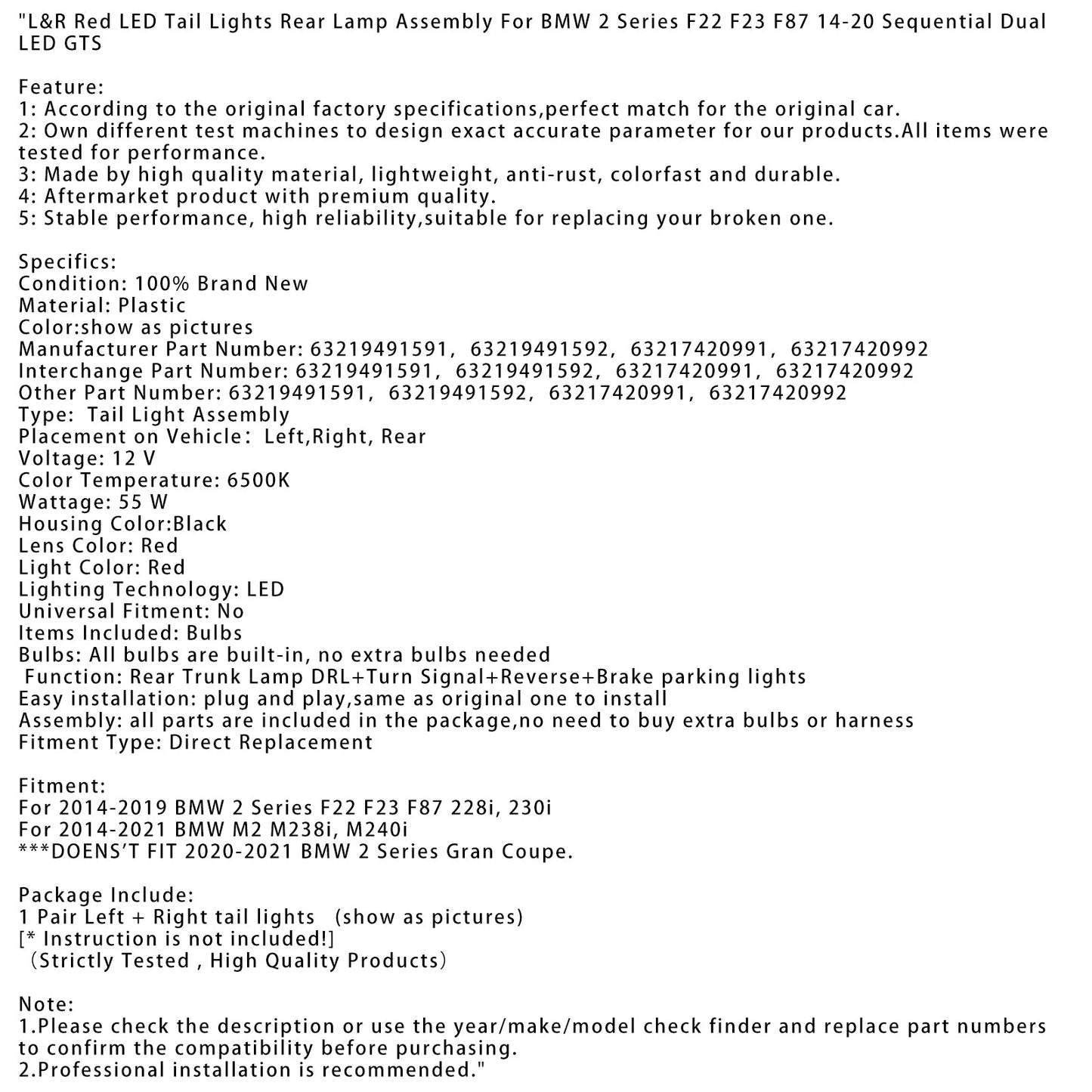 Fanali posteriori a LED rossi L&R per BMW Serie 2 F22 F23 F87 228i, 230i 2014-2019, gruppo ottico posteriore 63219491591