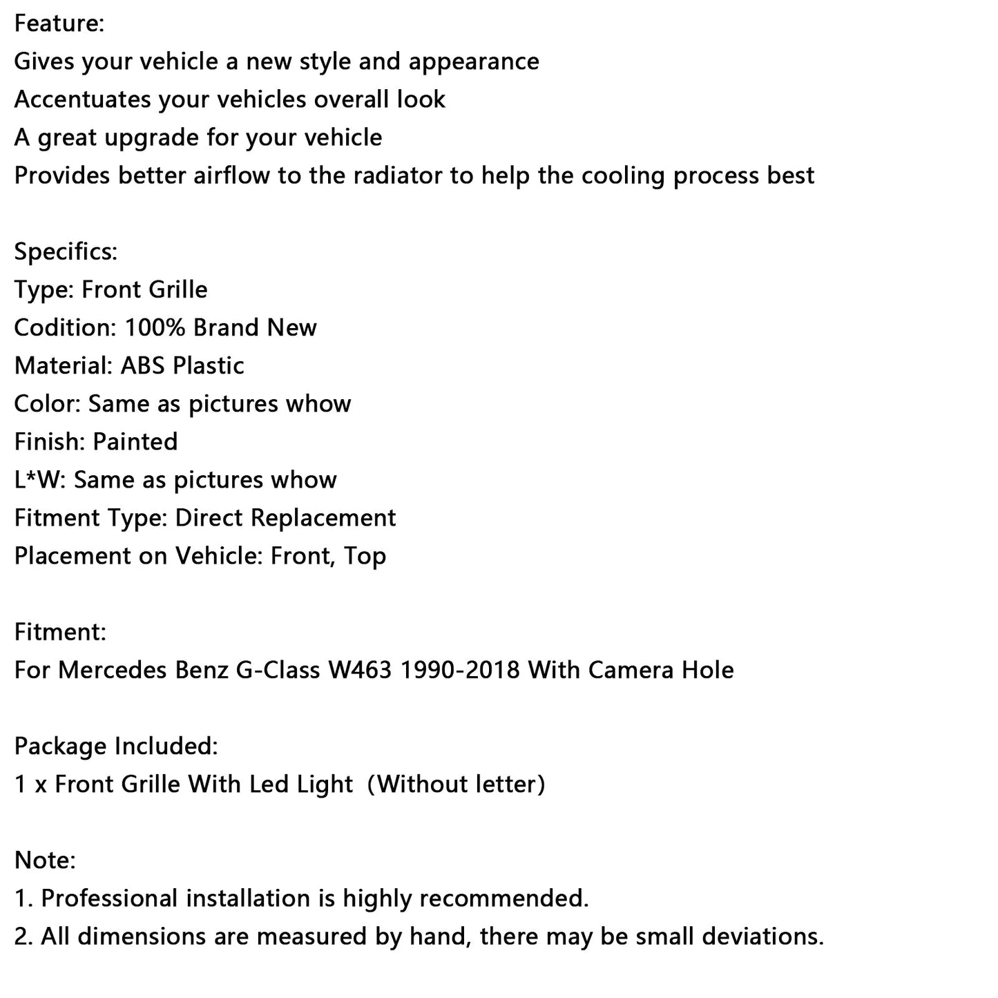 1990-2018 Mercedes Benz Classe G W463 con foro per telecamera Griglia paraurti anteriore nero lucido