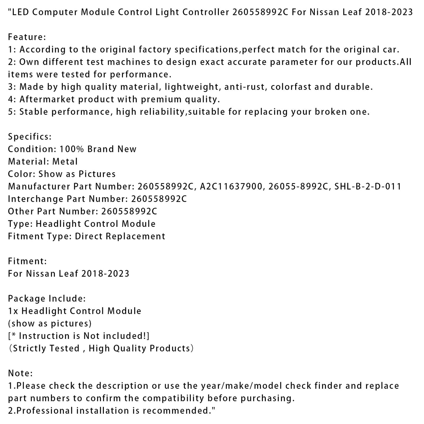 Modulo computer LED Nissan Leaf 2018-2023, controller luci di controllo 260558992C