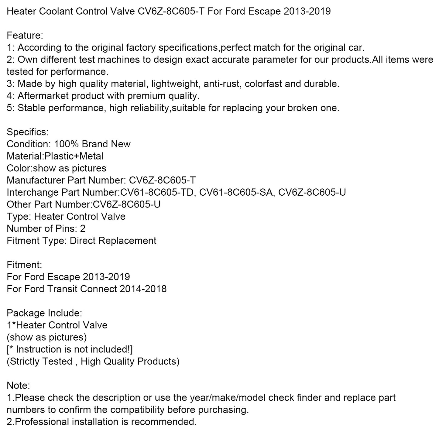 Valvola di controllo del liquido di raffreddamento del riscaldatore CV6Z-8C605-T per Ford Escape 2013-2019