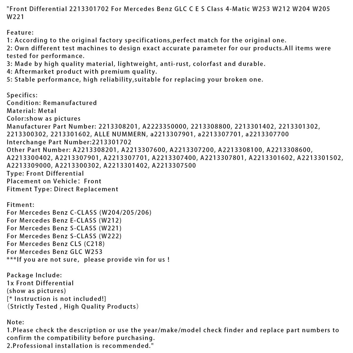 Differenziale anteriore 2213301702 per Mercedes Benz GLC Classe CES 4-Matic W253 W21