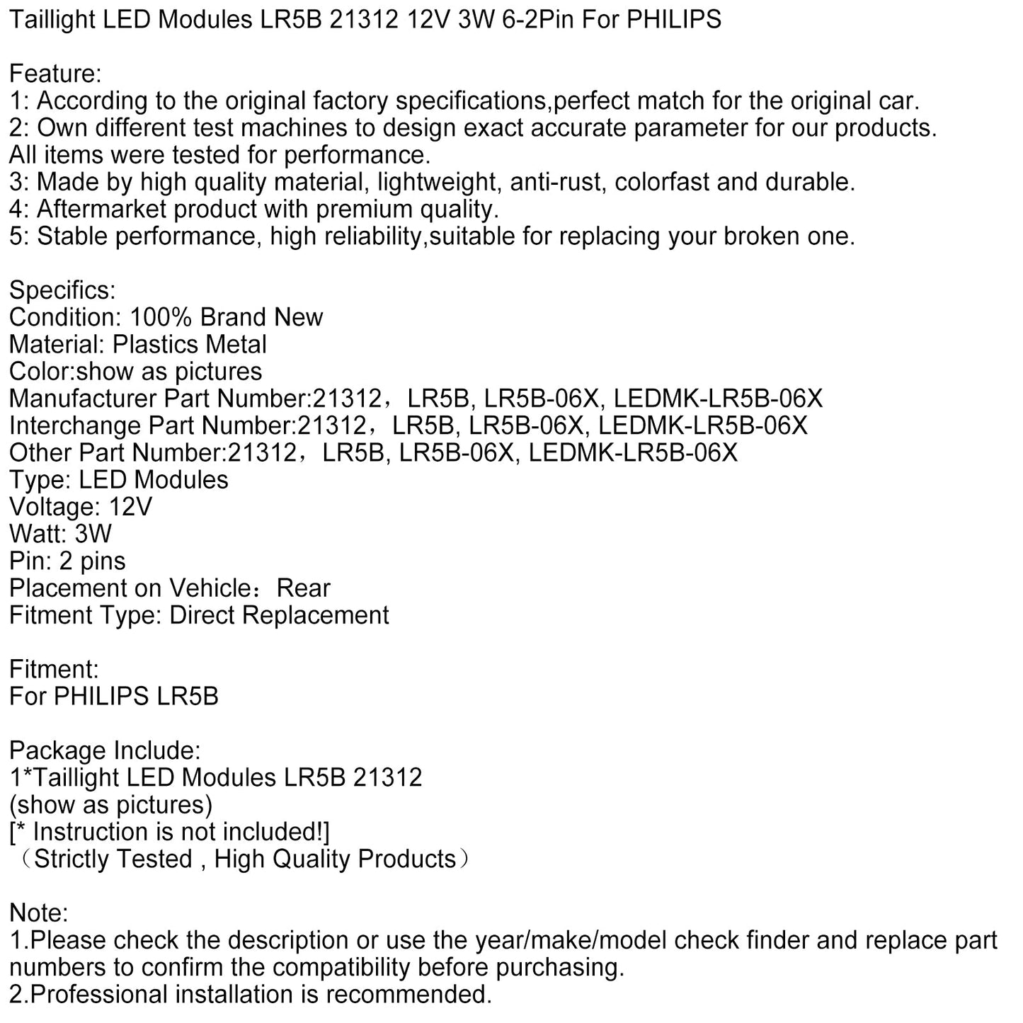 Moduli LED per fanali posteriori LR5B 21312 12V 3W 6-2Pin per PHILIPS