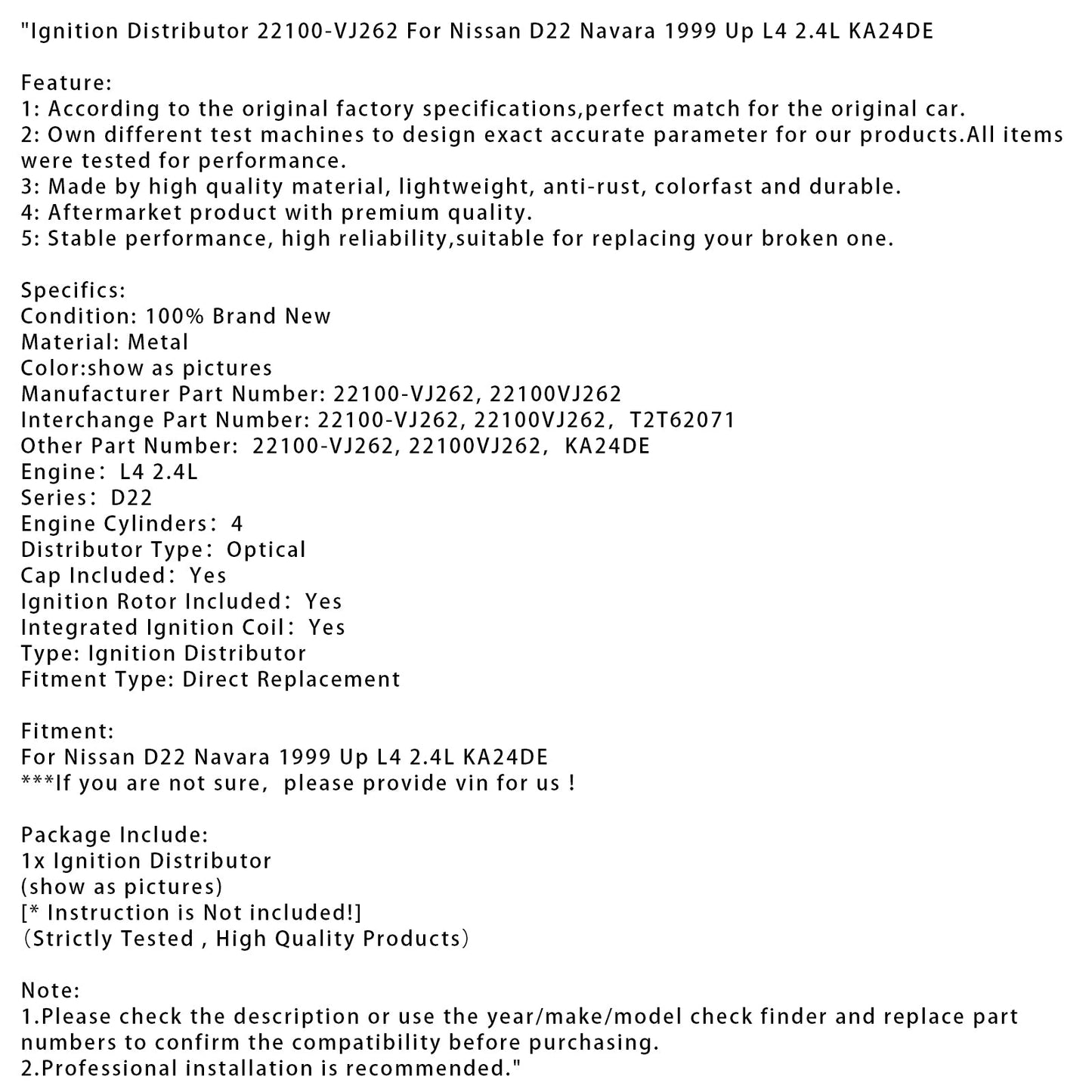 Distributore di accensione Nissan D22 Navara L4 2.4L KA24DE dal 1999 in poi 22100-VJ262