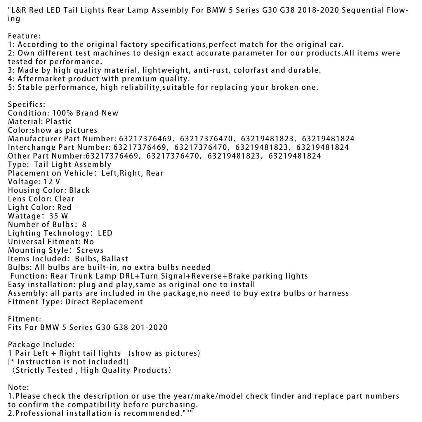 Gruppo ottico posteriore a LED rossi L&R per BMW Serie 5 G30 G38 2018-2020