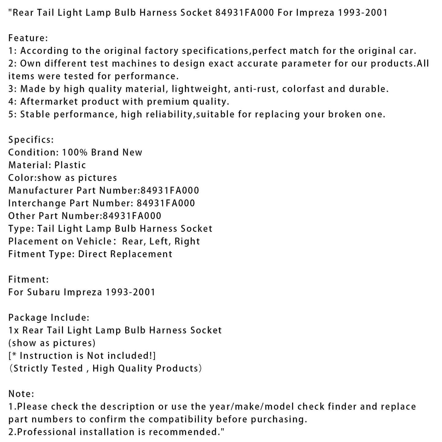 Presa per cablaggio lampadina fanale posteriore Subaru Impreza 1993-2001 84931FA000