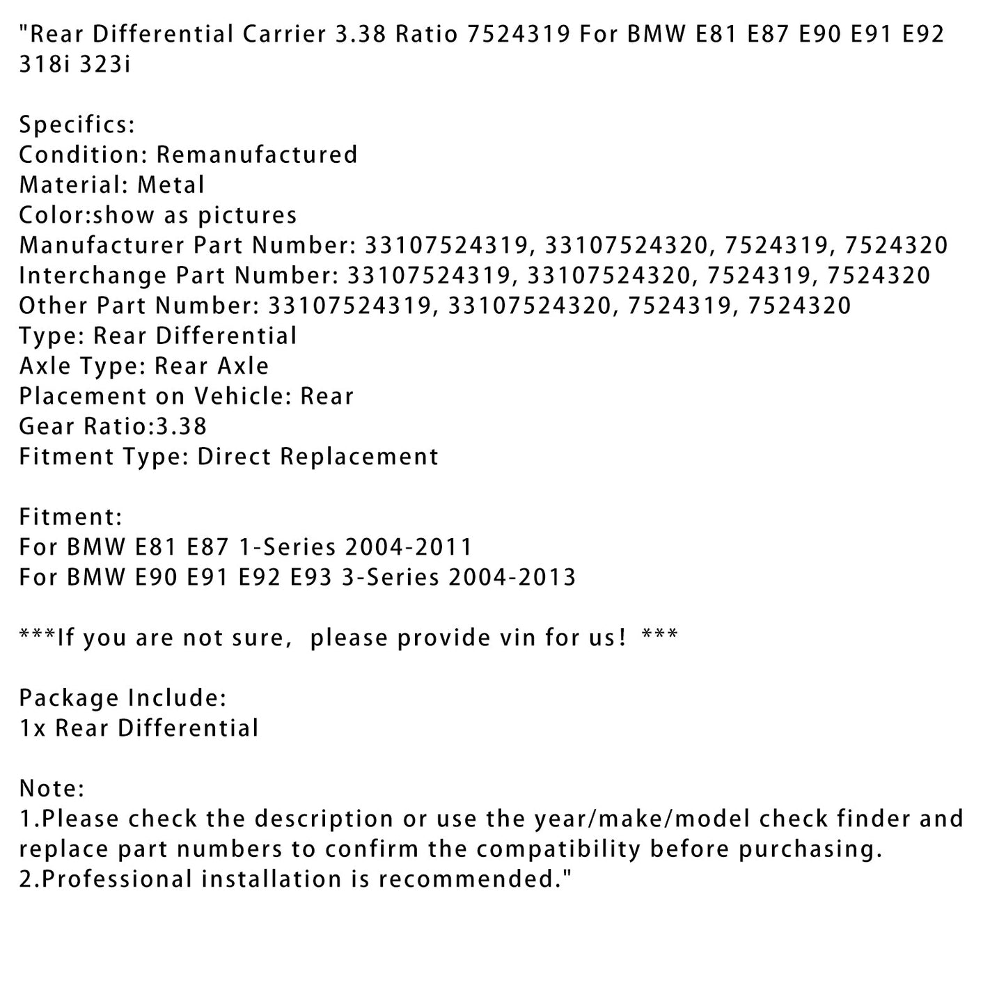 Supporto differenziale posteriore rapporto 3,38 per BMW E81 E87 E90 E91 E92 318i 323i