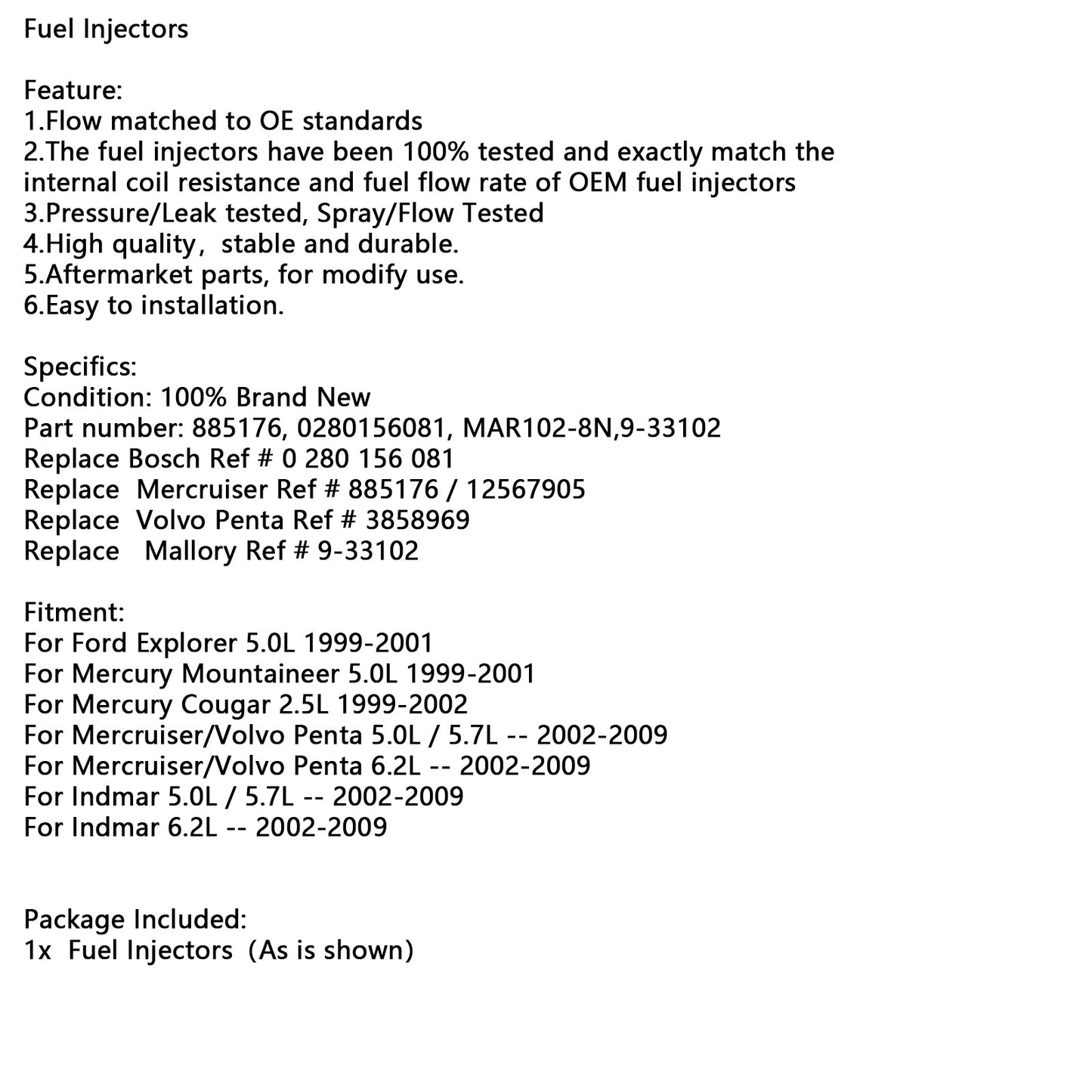 885176 0280156081 Iniettori di carburante MAR102-8N 9-33102 per Mercury Mercruiser