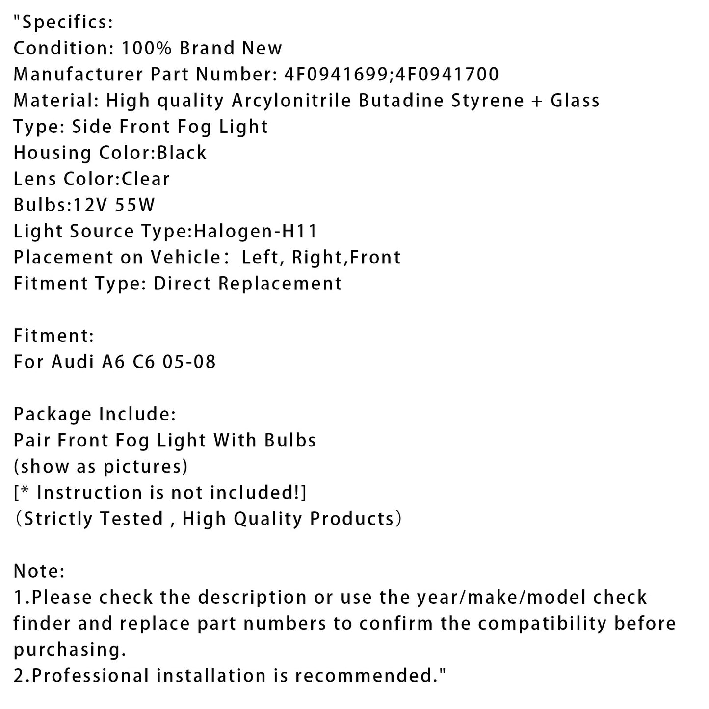 Coppia di fendinebbia anteriori per paraurti Audi A6 C6 2005 2006 2007 2008