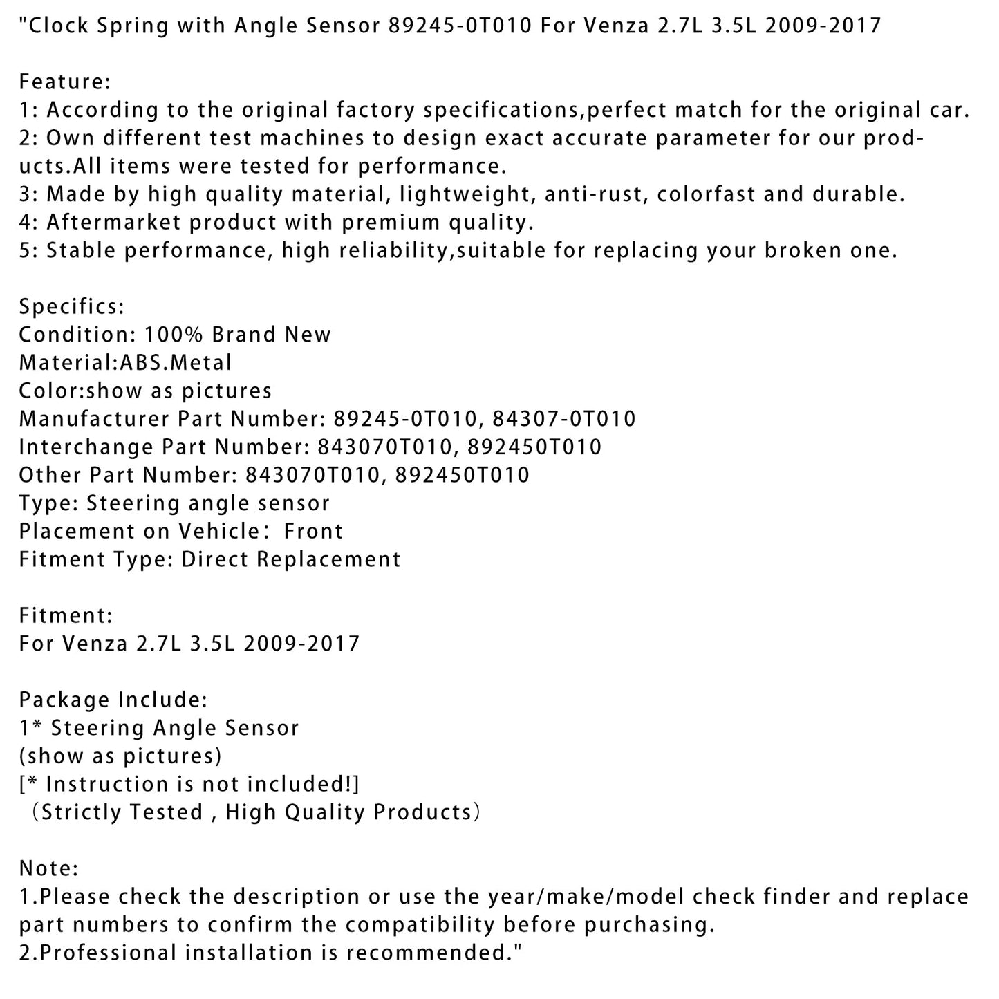 Molla dell'orologio con sensore angolare 89245-0T010 per Venza 2.7L e 3.5L 2009-2017
