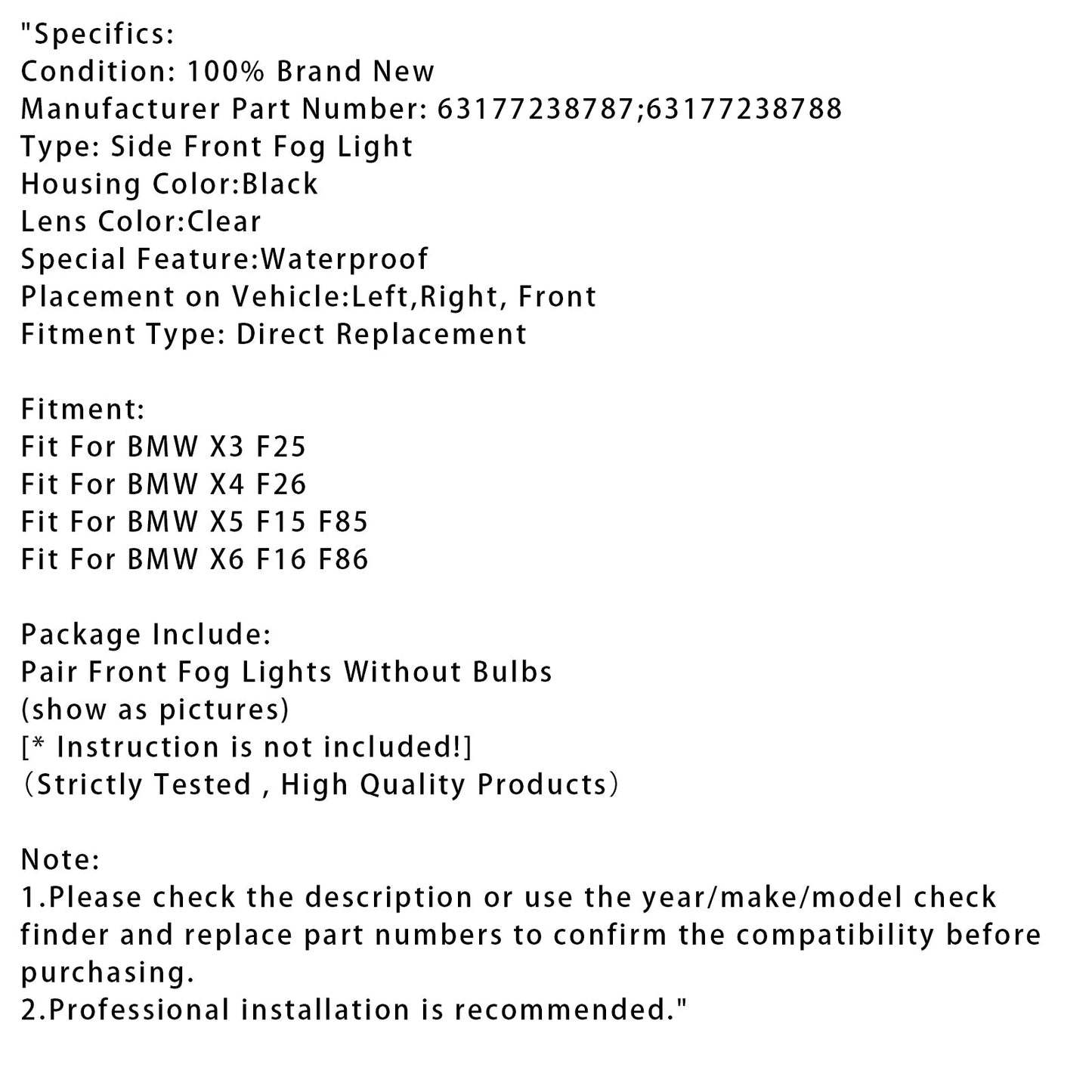 Coppia di fari fendinebbia anteriori senza lampadine per BMW X3 X4 X5 X6 63177238787