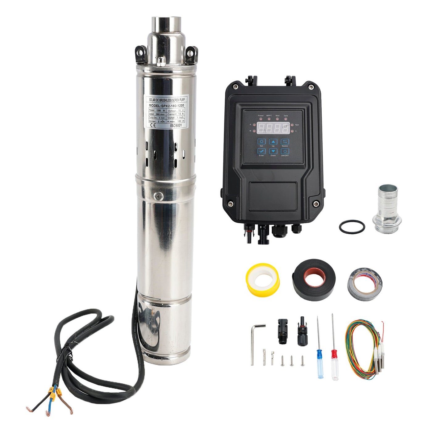 Testa Pompa Sommergibile Solare 3" 72V 1.2KW per Pozzi Profondi 180M Lunghezza cavo 1.8m