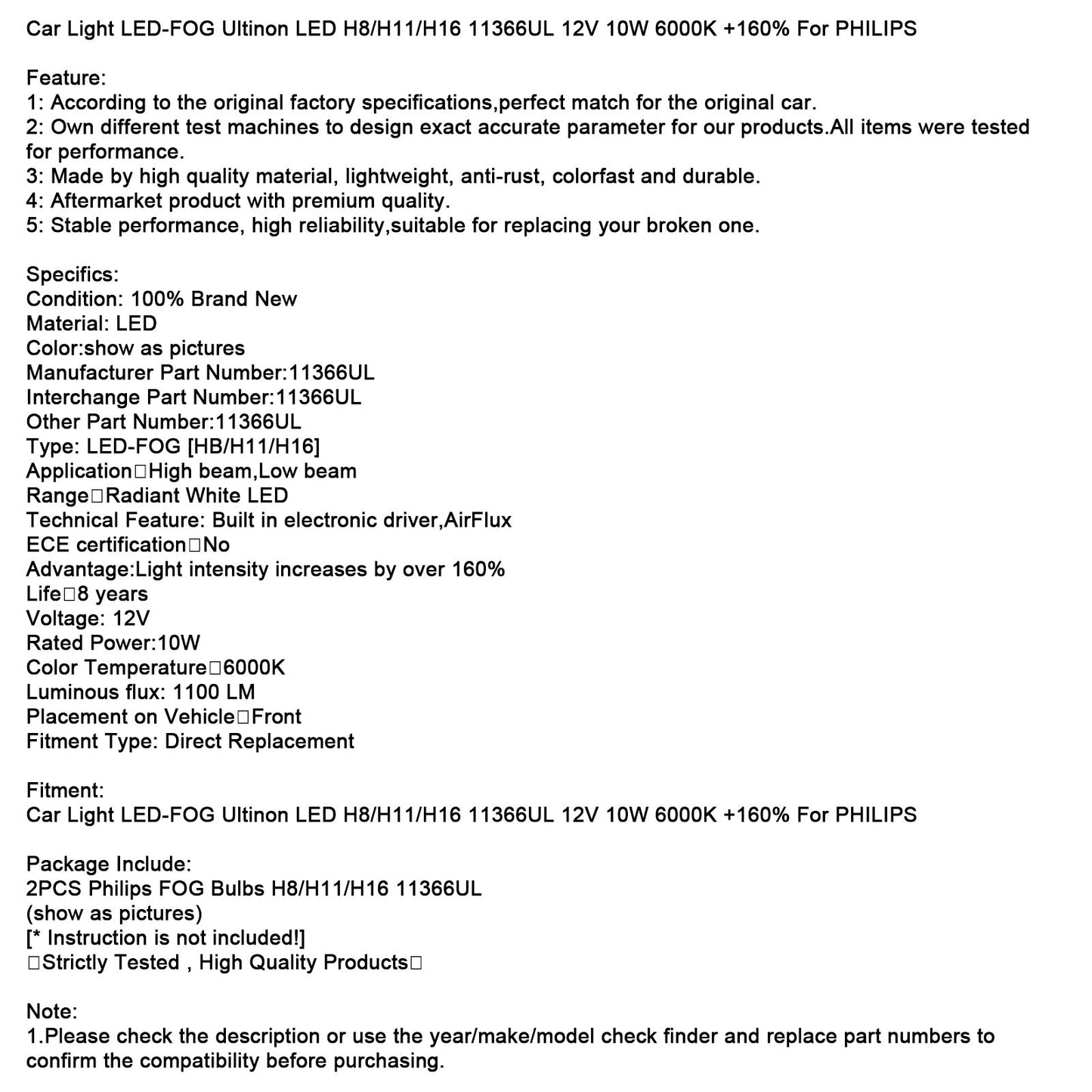 Luce auto LED-FEBBIA Ultinon LED H8/H11/H16 11366UL 12V 10W +160% per PHILIPS