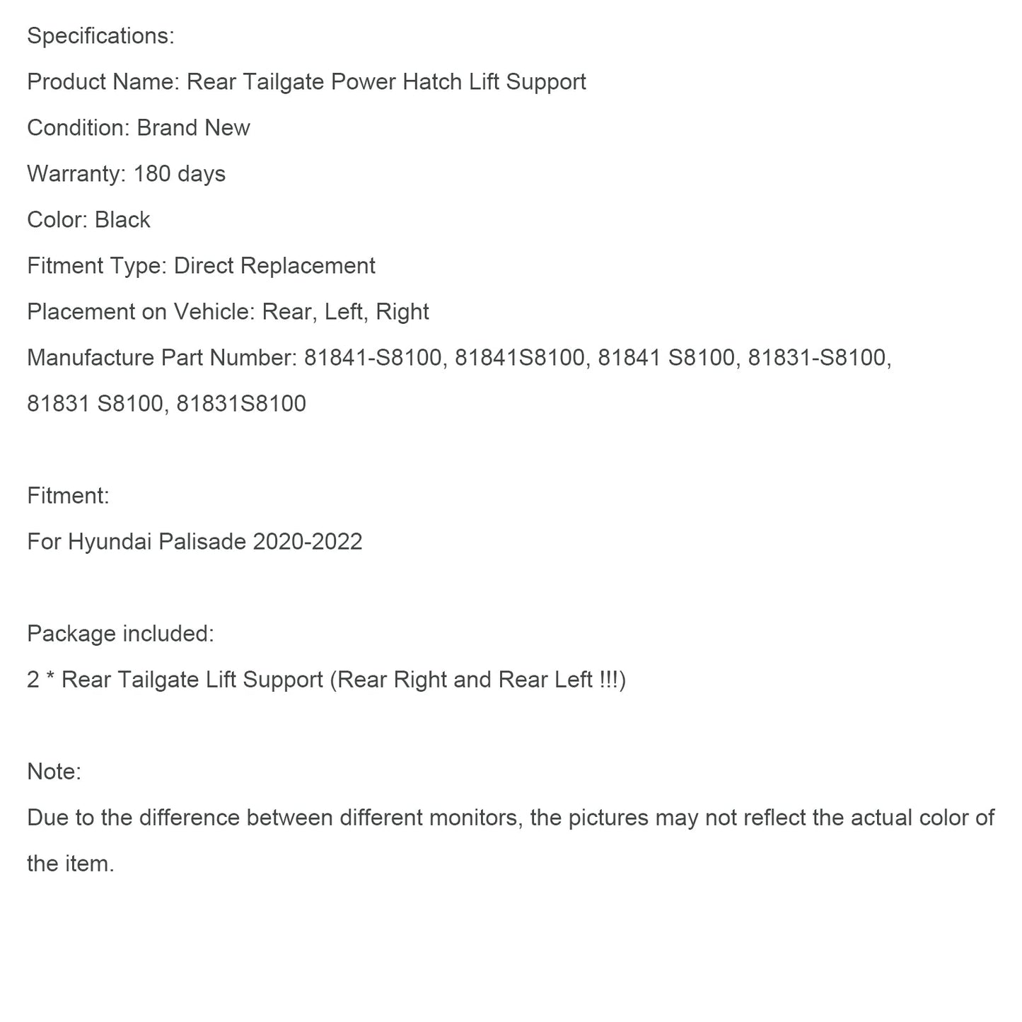 Supporto di sollevamento per portelloni elettrici Hyundai Palisade 2 pezzi 2020-2022 81831-S8100