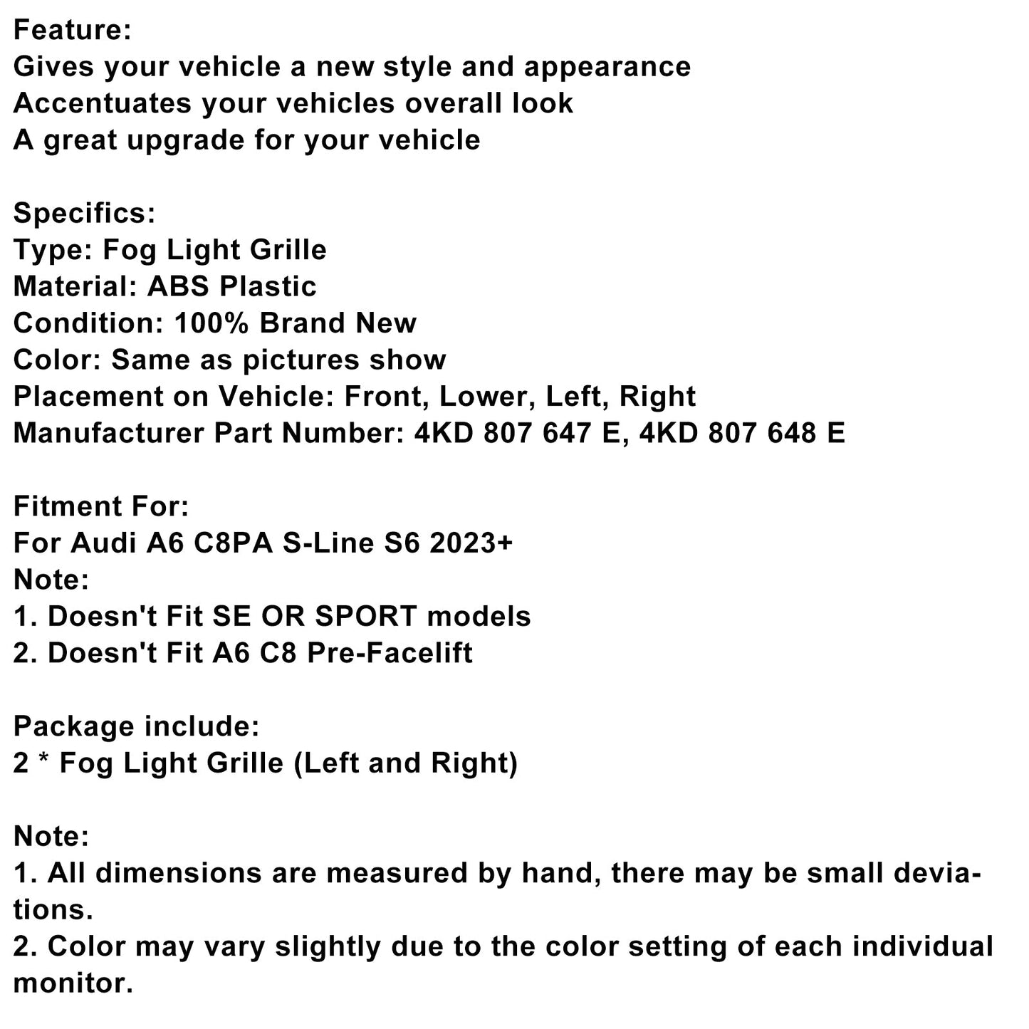 Griglia fendinebbia paraurti anteriore Audi A6 C8PA S-Line S6 2023+ nera (2 pezzi)