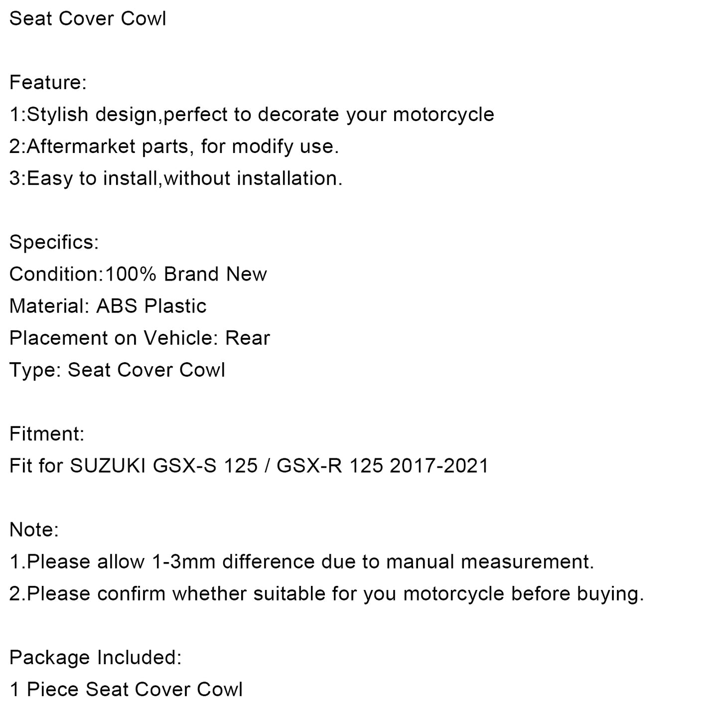Copri carenatura per sedile posteriore del motociclo adatto per SUZUKI GSX-S/GSX-R 125 2017-2023