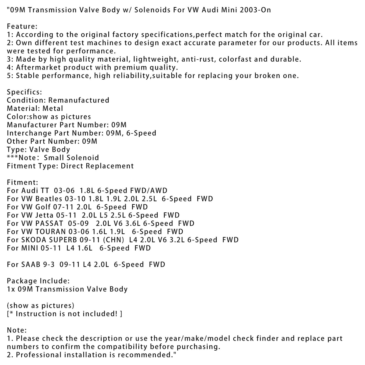 Corpo valvola trasmissione VW PASSAT 2.0L V6 3.6L 6 marce FWD 09M 2005-2009 con solenoidi