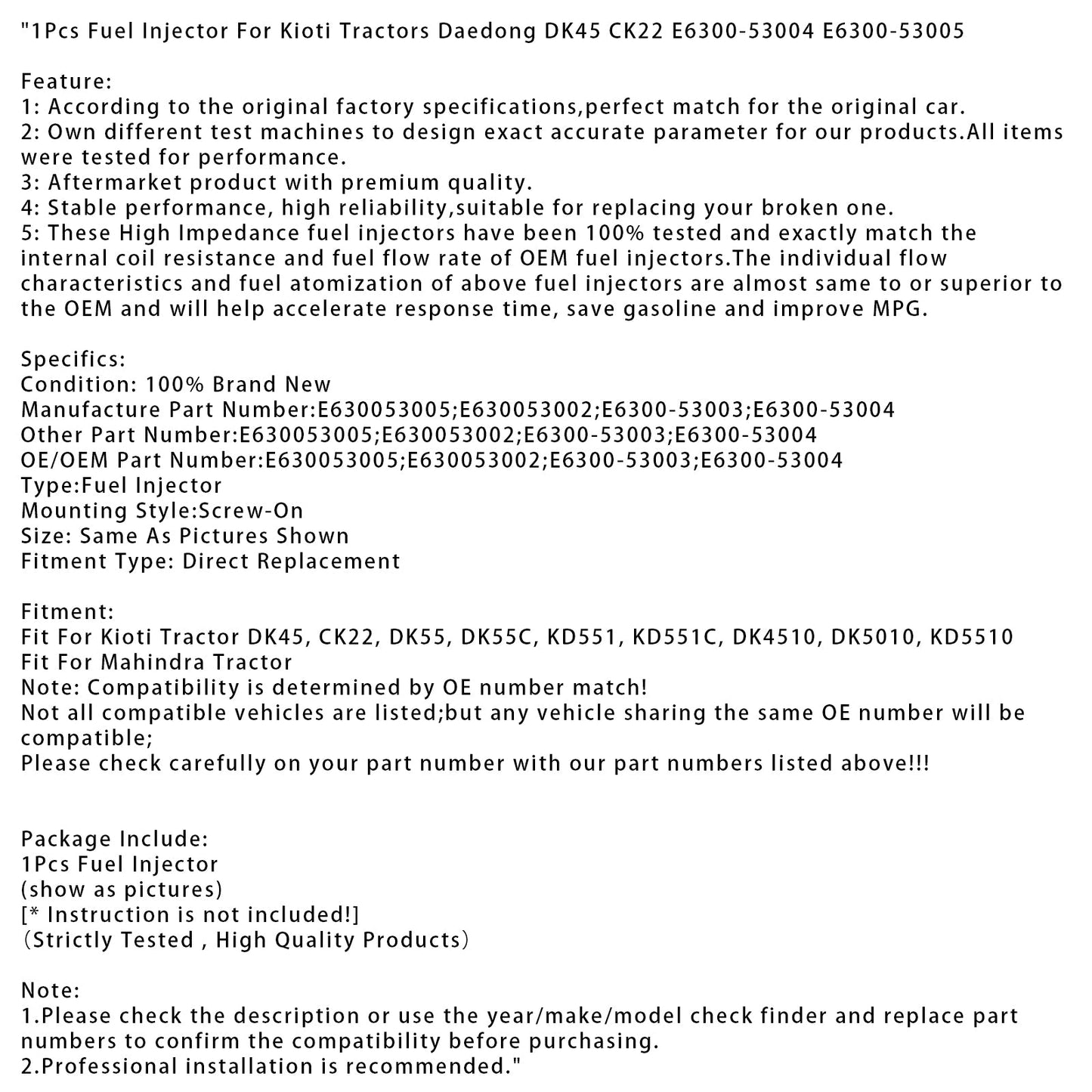 1 pz iniettore di carburante per trattori Kioti Daedong DK45 CK22 E6300-53004 E6300-53005