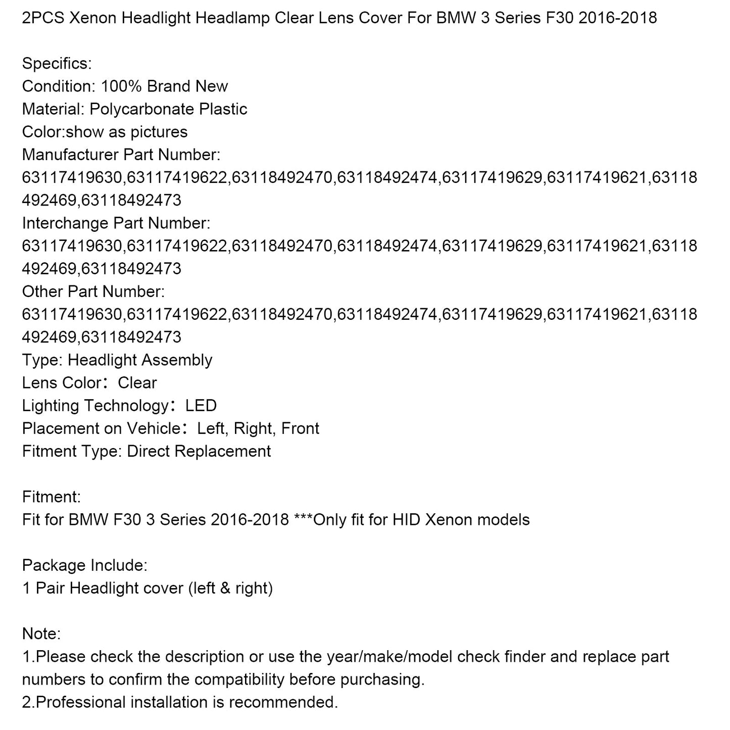 Copri lente trasparente per fari allo xeno BMW Serie 3 F30 2016-2018