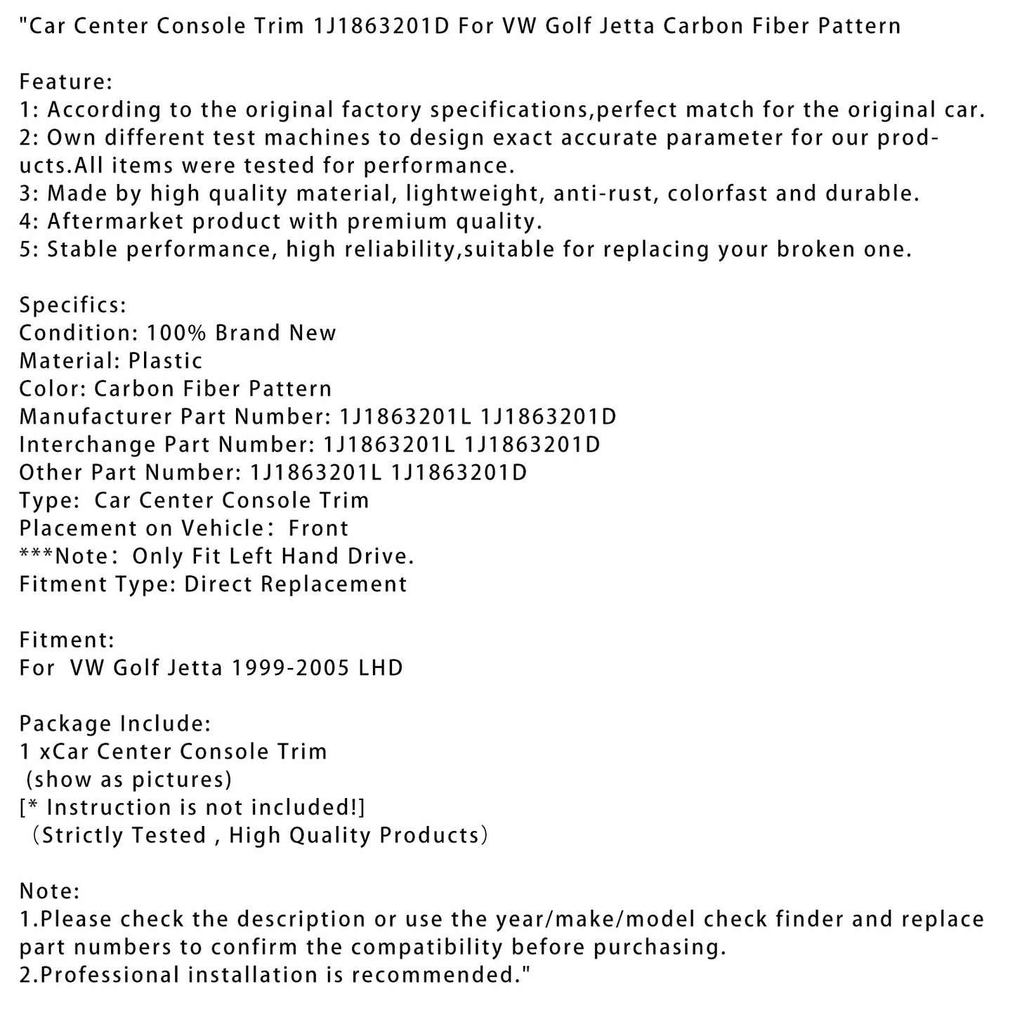 Rivestimento per console centrale auto VW Golf Jetta 1999-2005 1J1863201D con motivo in fibra di carbonio