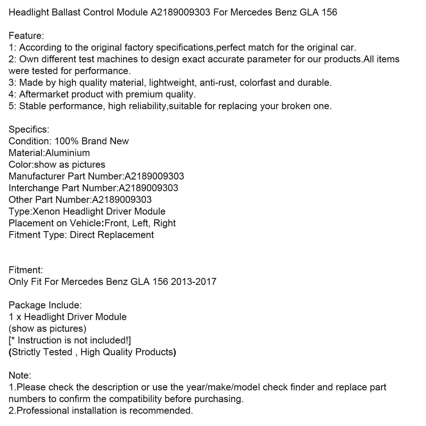 Modulo di controllo della zavorra dei fari Mercedes Benz GLA 156 2013-2017 A2189009303