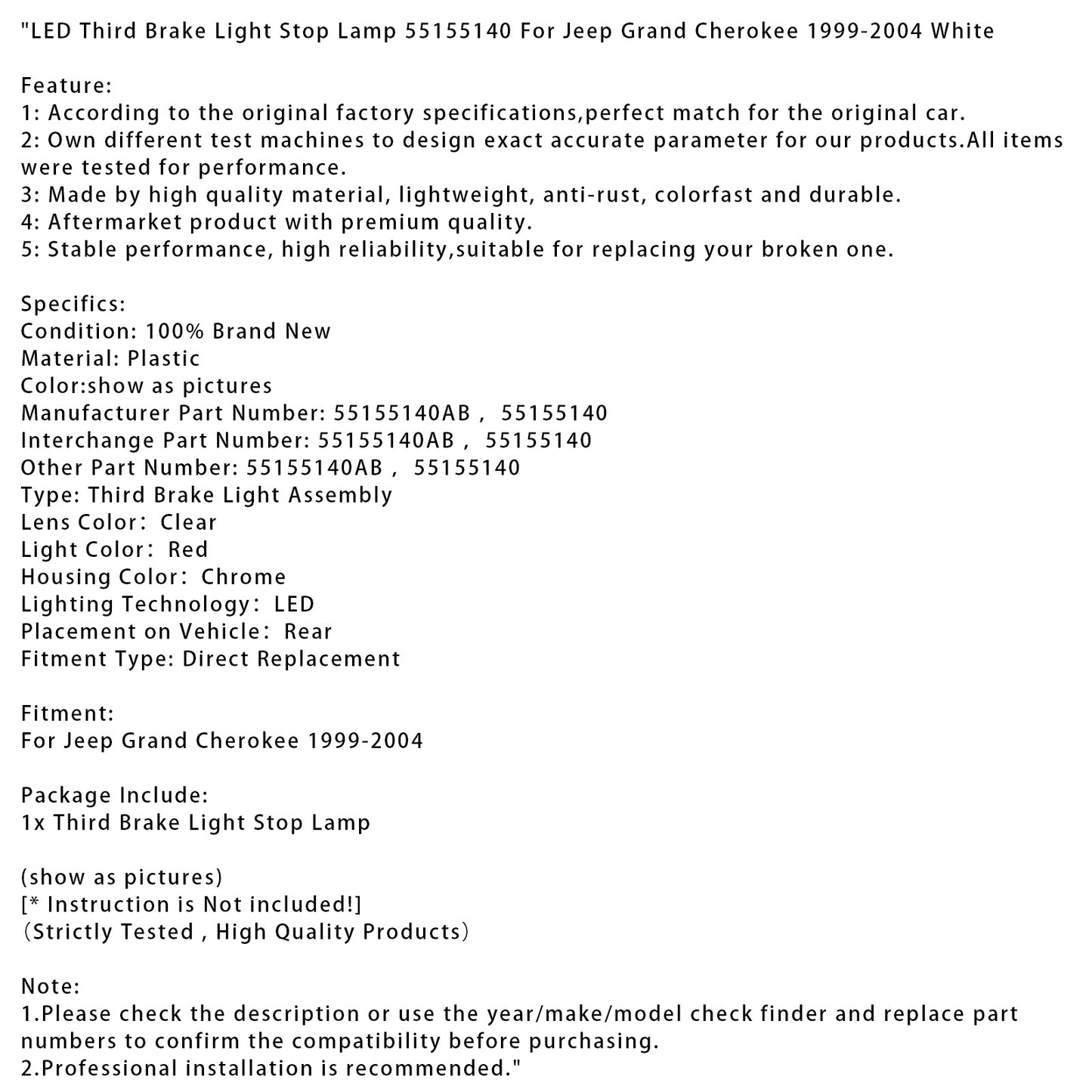 Luce di stop a LED per terza luce di stop Jeep Grand Cherokee 1999-2004 55155140 bianca
