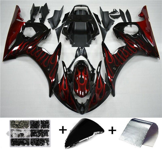 Amotopart 2003-2004 Yamaha YZF R6 Cladding Black & Red Flame Kit