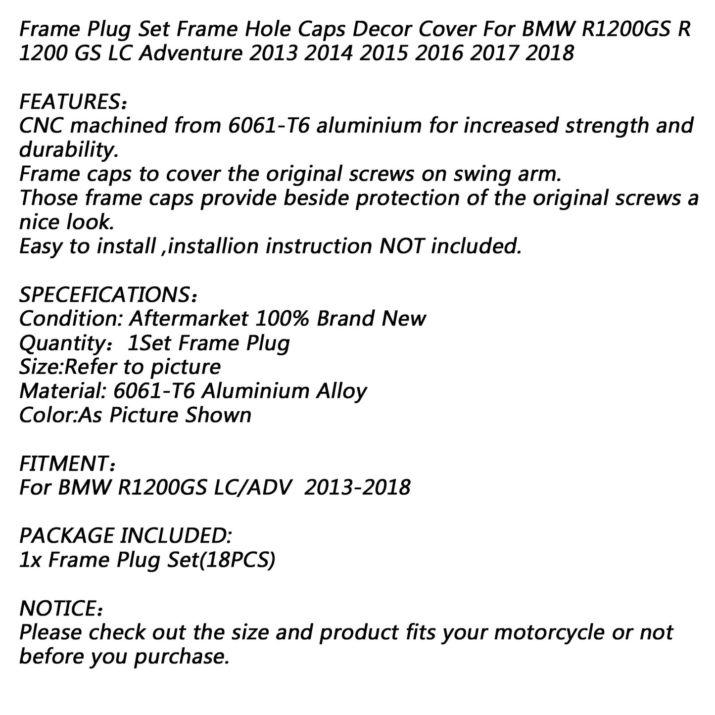 18x TAPPI TAPPI COPERTURA TELAIO LATERALE CNC IN ALLUMINIO Fit for BMW R1200GS 2013-2019 Generico