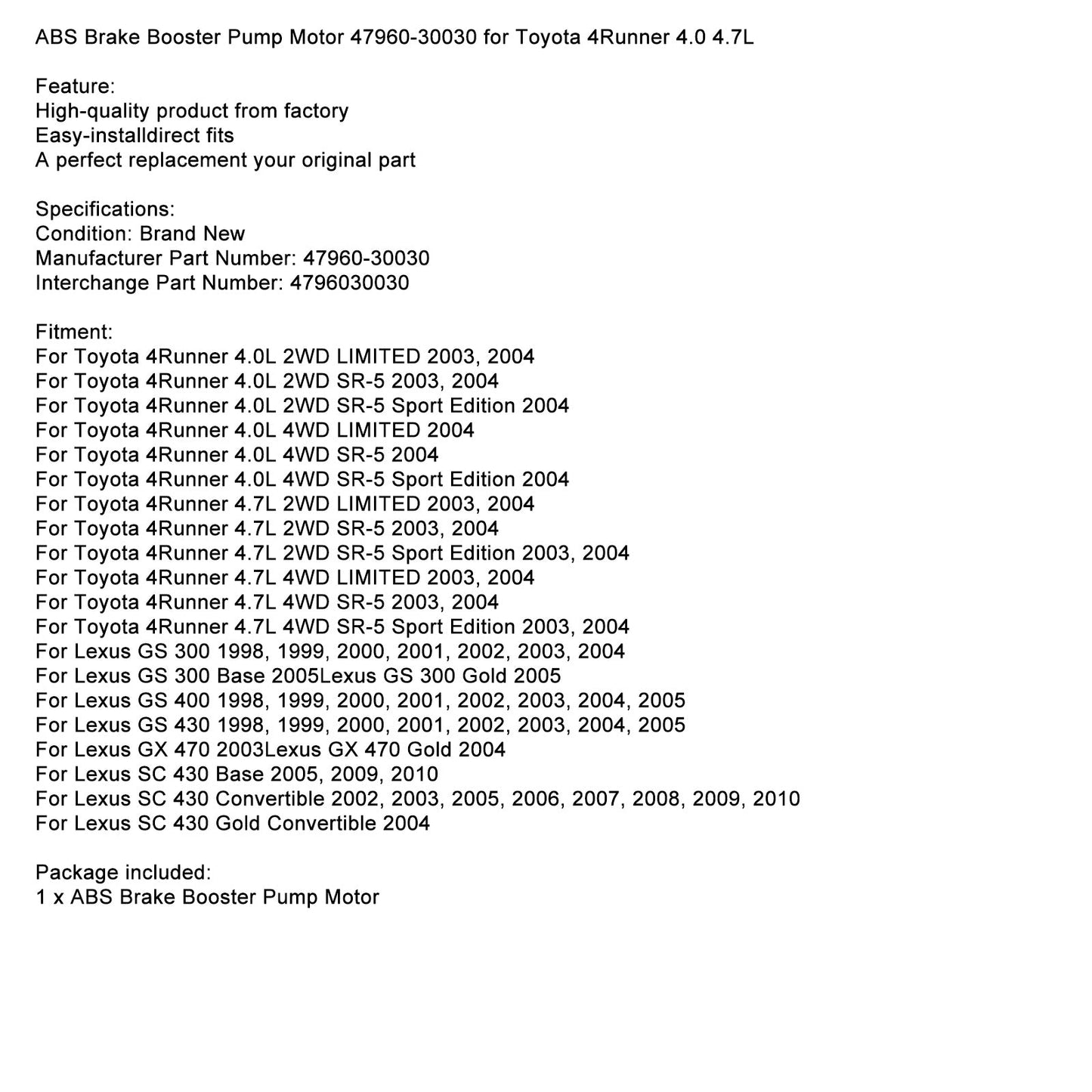 1998-2005 Lexus GS 400 430 Motore pompa servofreno ABS 47960-30030 Fedex Express