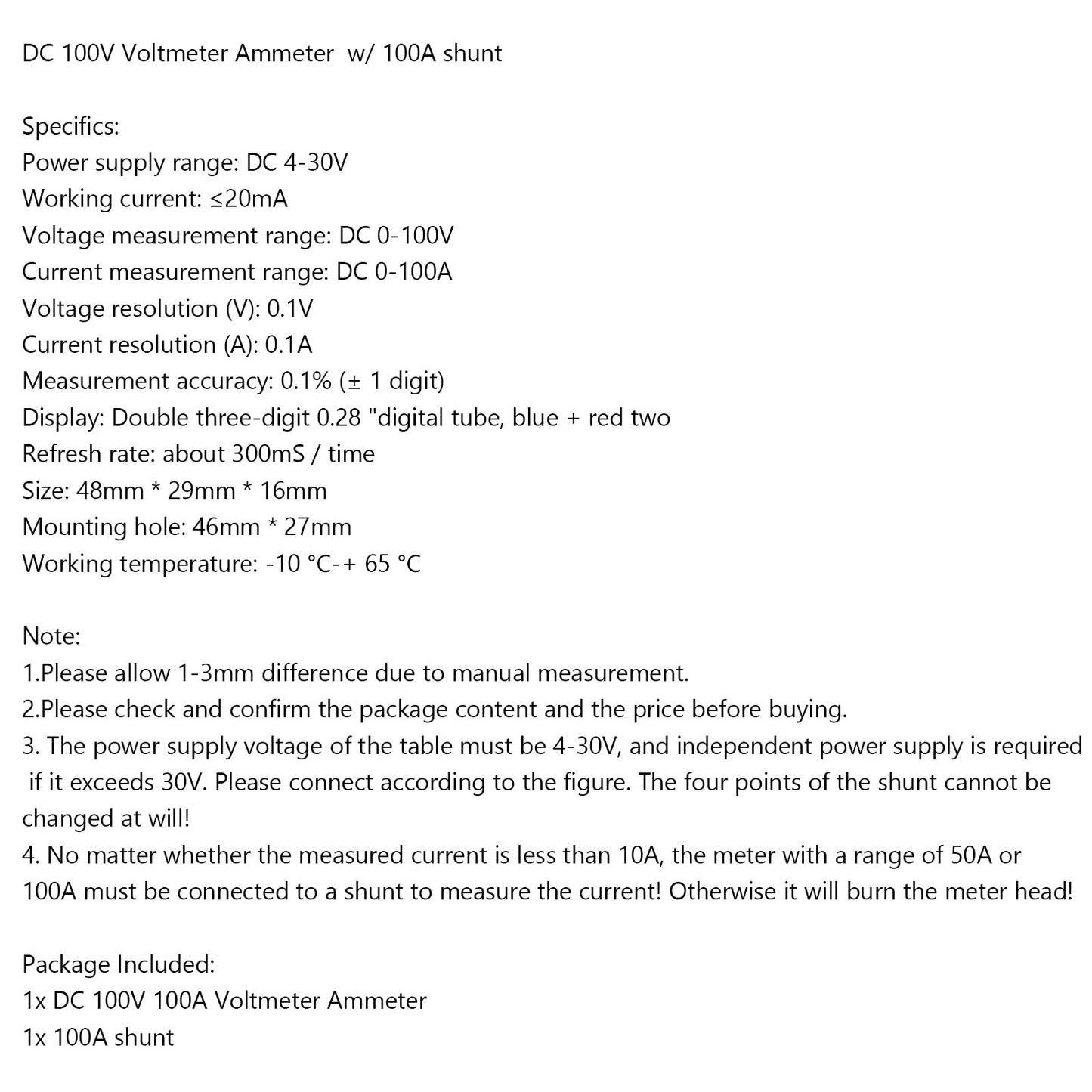 DC 100A 100V Digital Amp Volt Meter Voltmetro Amperometro Blu Rosso LED Shunt di corrente