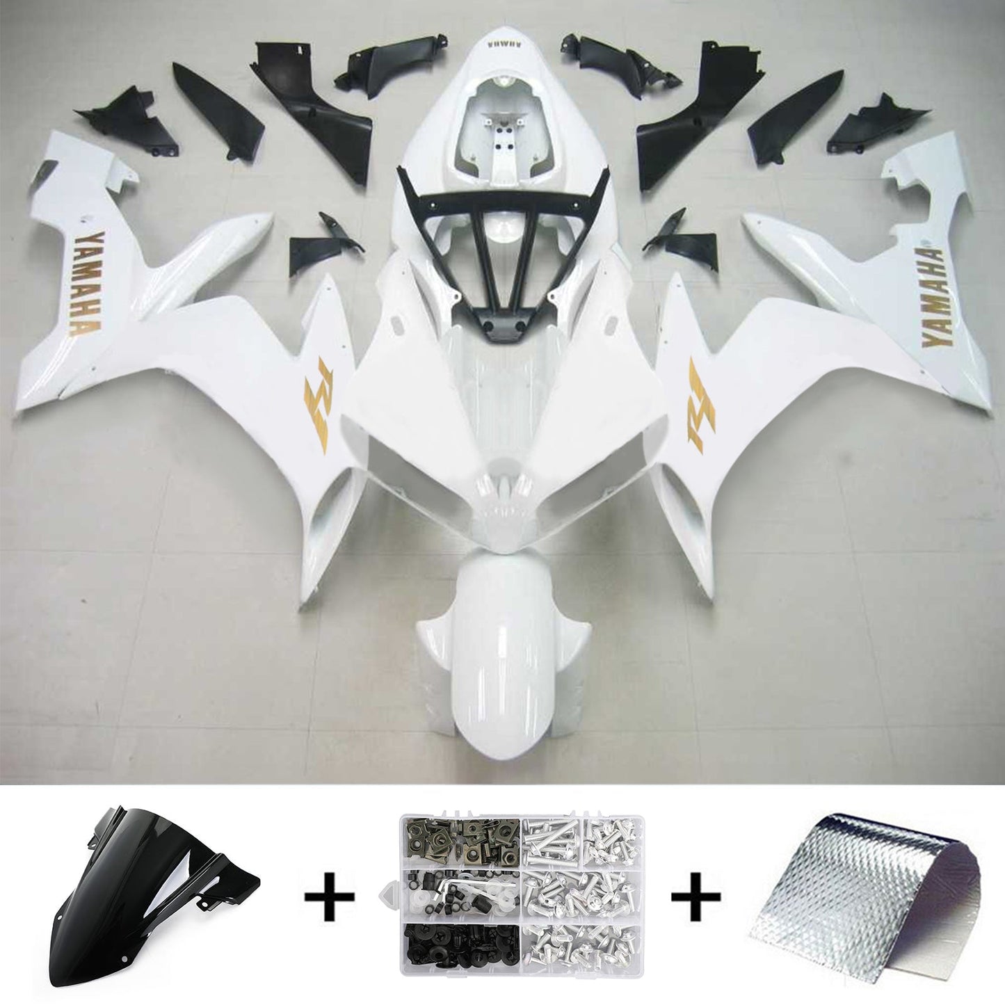 Amotopart Yamaha 2004-2006 YZF 1000 R1 Kit di spostamento logos dorato bianco