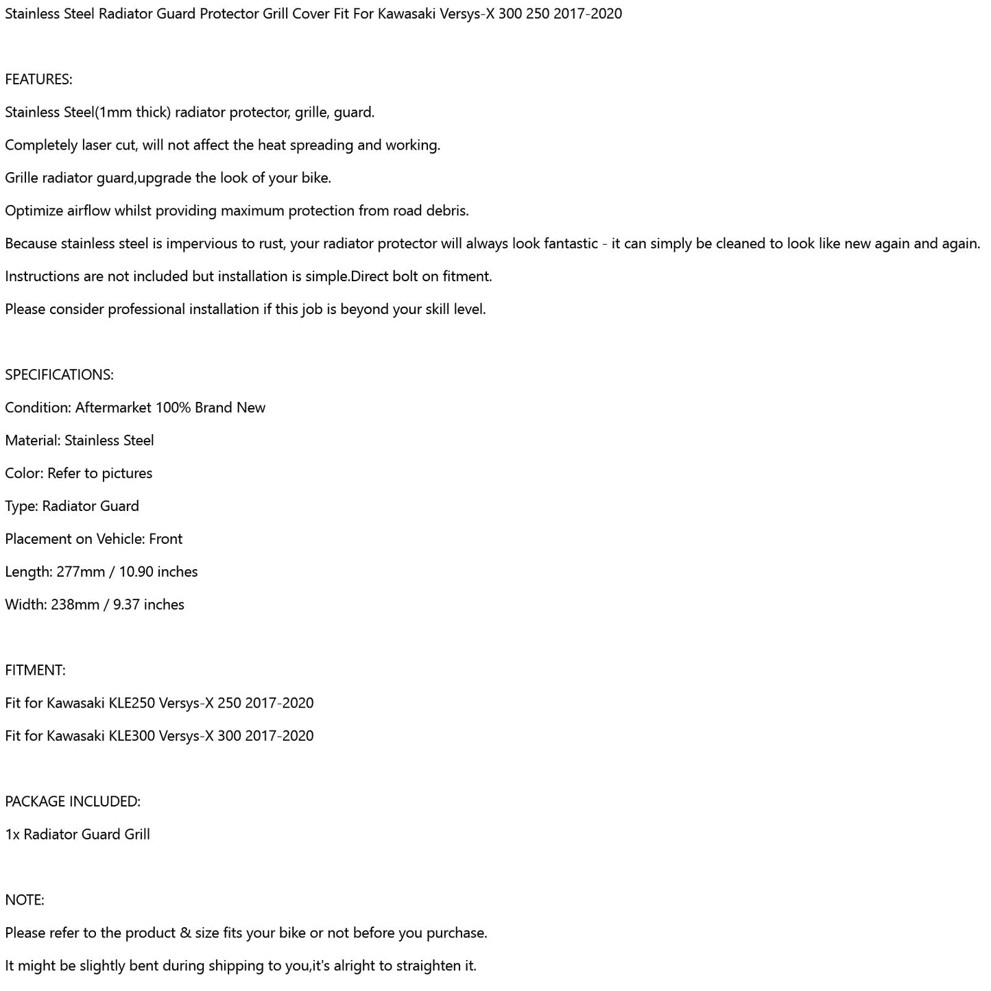 GRIGLIA COPERCHIO PROTEZIONE PROTEZIONE RADIATORE Adatta per Kawasaki VERSYS-X 300 KLE300 17-20 Generico